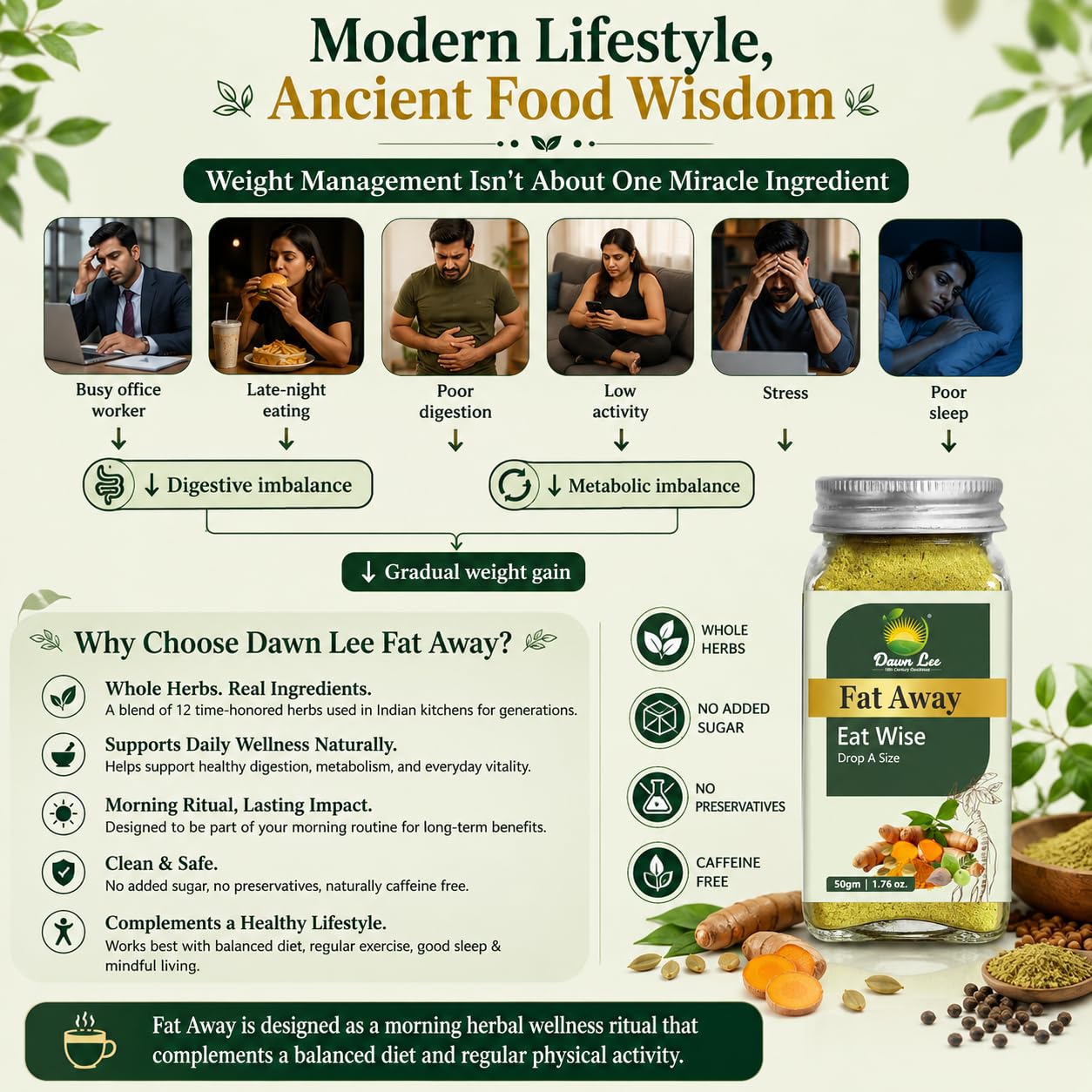 Dawn Lee Fat Away 50g | Healthy Weight Management Powder For Men & Women With Garcinia Cambogia Fenugreek Powder, Cinnamon, Triphala | Slimming Herbal Drink Support Fat Loss, Metabolism, Gut Health | Herbal Spices Blend Belly Fat Burner — Amazon image 8