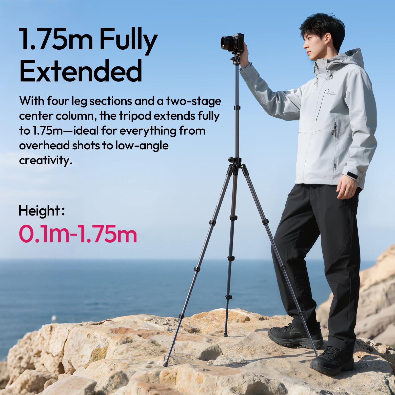 ULANZI TT59 Trípode Horizontal para Cámara 175 cm con Rótula Esférica Ppanorámica 360° con Cambio Rápido Uka y Columna Central Vertical de 180° para DSLR/Teléfono Móvil, Capacidad de Carga de 10 kg