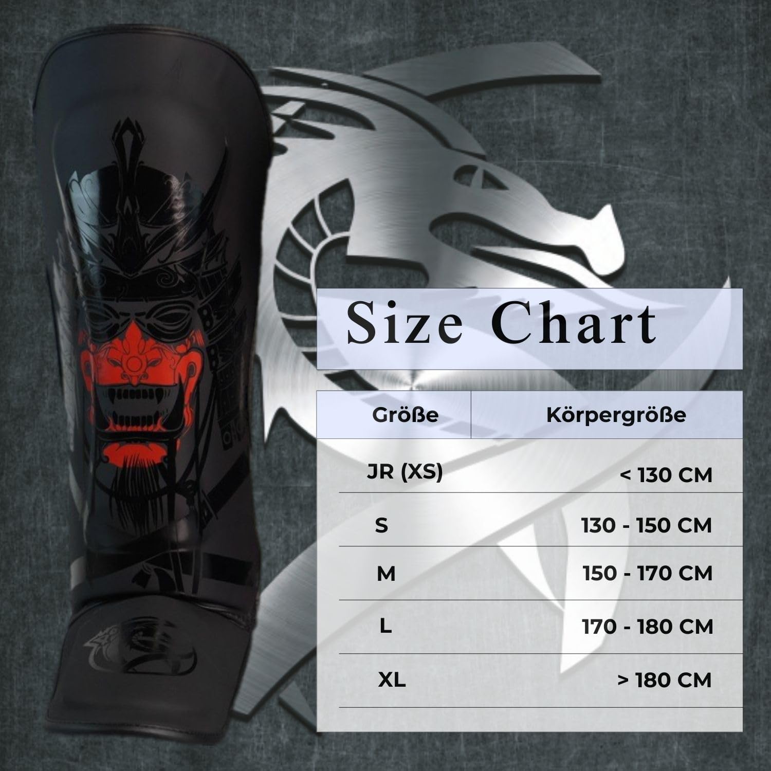 Dragondo 40724-P Yakuza Schienbeinschoner – Profi Schienbein- und Spannschutz für Muay Thai, Kickboxen & MMA – Stoßfester Samuray-Design Beinschutz, Schwarz