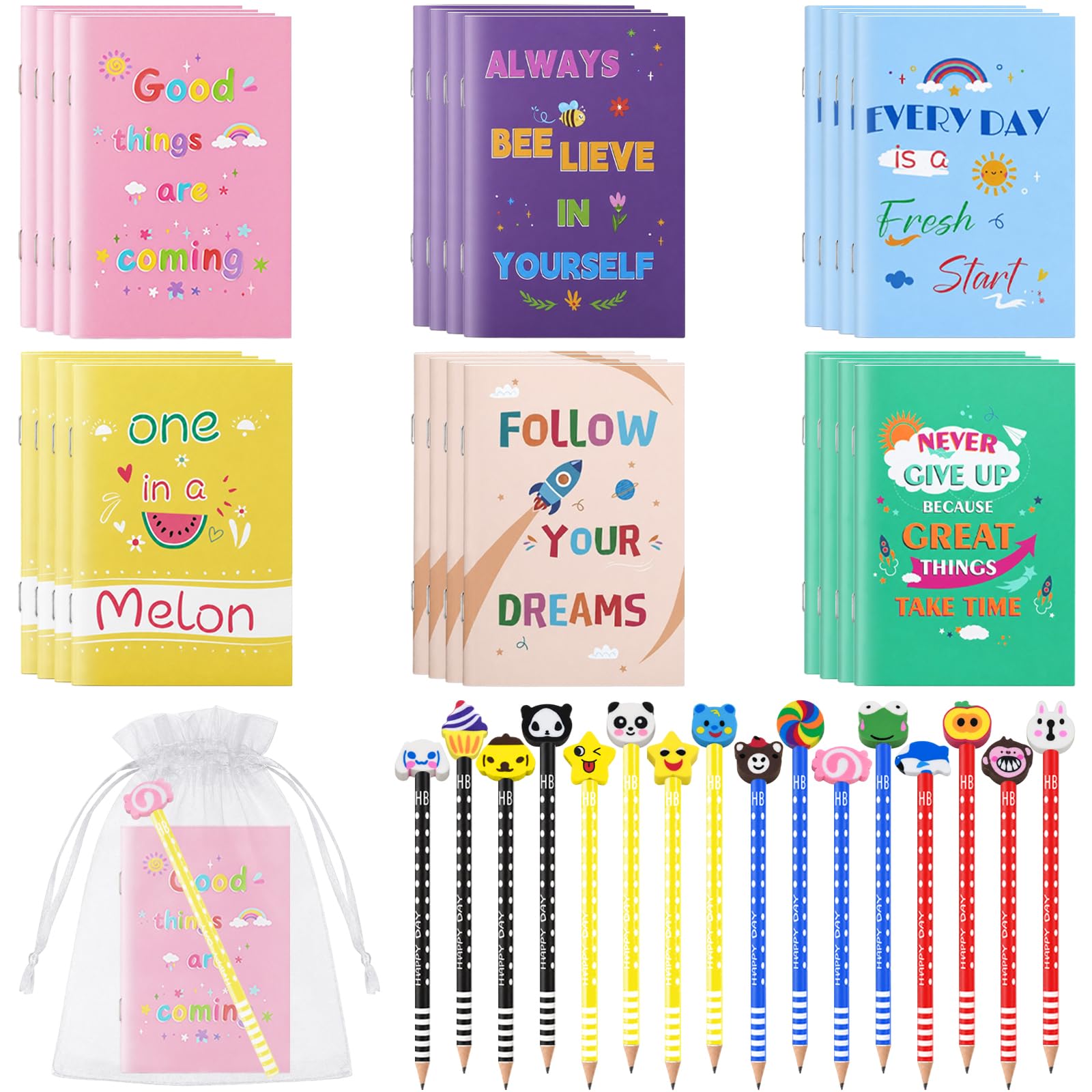 End of Year Gifts for Children from Teacher, 24 Pack End of Term Gifts for Students, Mini Notebooks Pencils with Cute Eraser Party Bags, Class of 2026 School Leavers Gift Bulk Prizes for Kids Pupils