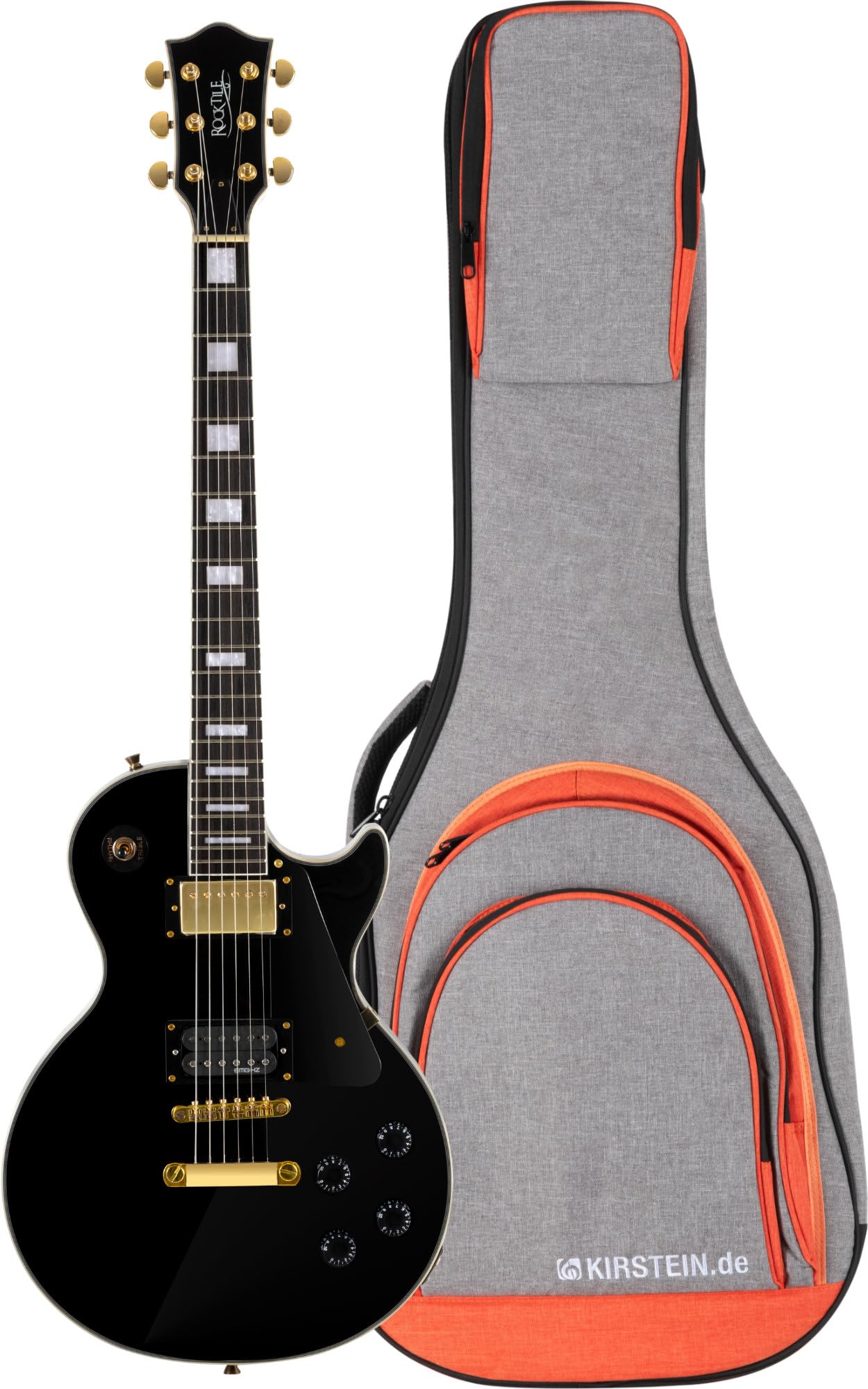 Rocktile Pro L-200BK Deluxe gitara elektryczna Black Gigbag Set – Rocktile Pro-Series – korpus: mahoń – gryf / szyja: palisander/klon – 2 x humbucker – raz z EMG-HZ – łącznie z torbą Gigbag – Black