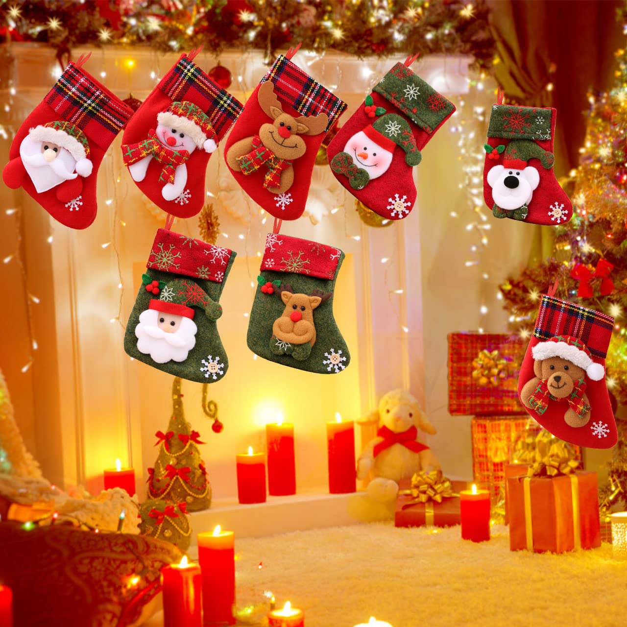 Chaussettes De Noël - Lot De 8 Mini Bas Décoratifs - Pour Arbre, Cheminée, Cadeaux - 16x12 Cm - Motifs 3D Père Noël, Bonhomme De Neige
