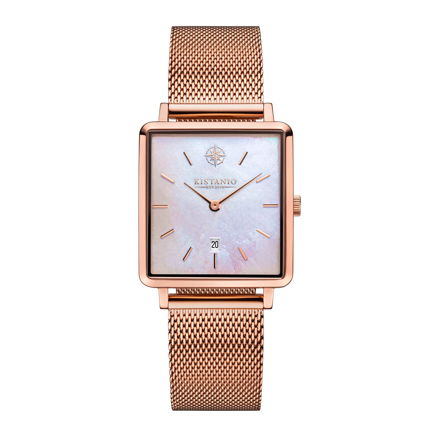 Carre - Reloj plano para mujer con correa milanesa y cristal de zafiro, 26 x 28 mm, diámetro de acero inoxidable, fecha en diferentes variantes, oro rosa/nácar, Pulsera