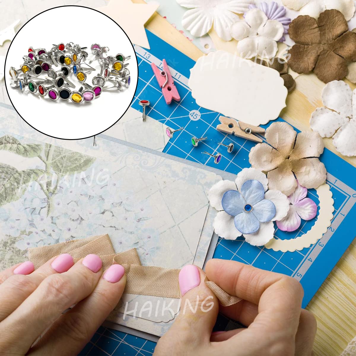 Mini Brads, 50 Pcs Color Inlaid Diamond Paper Craft