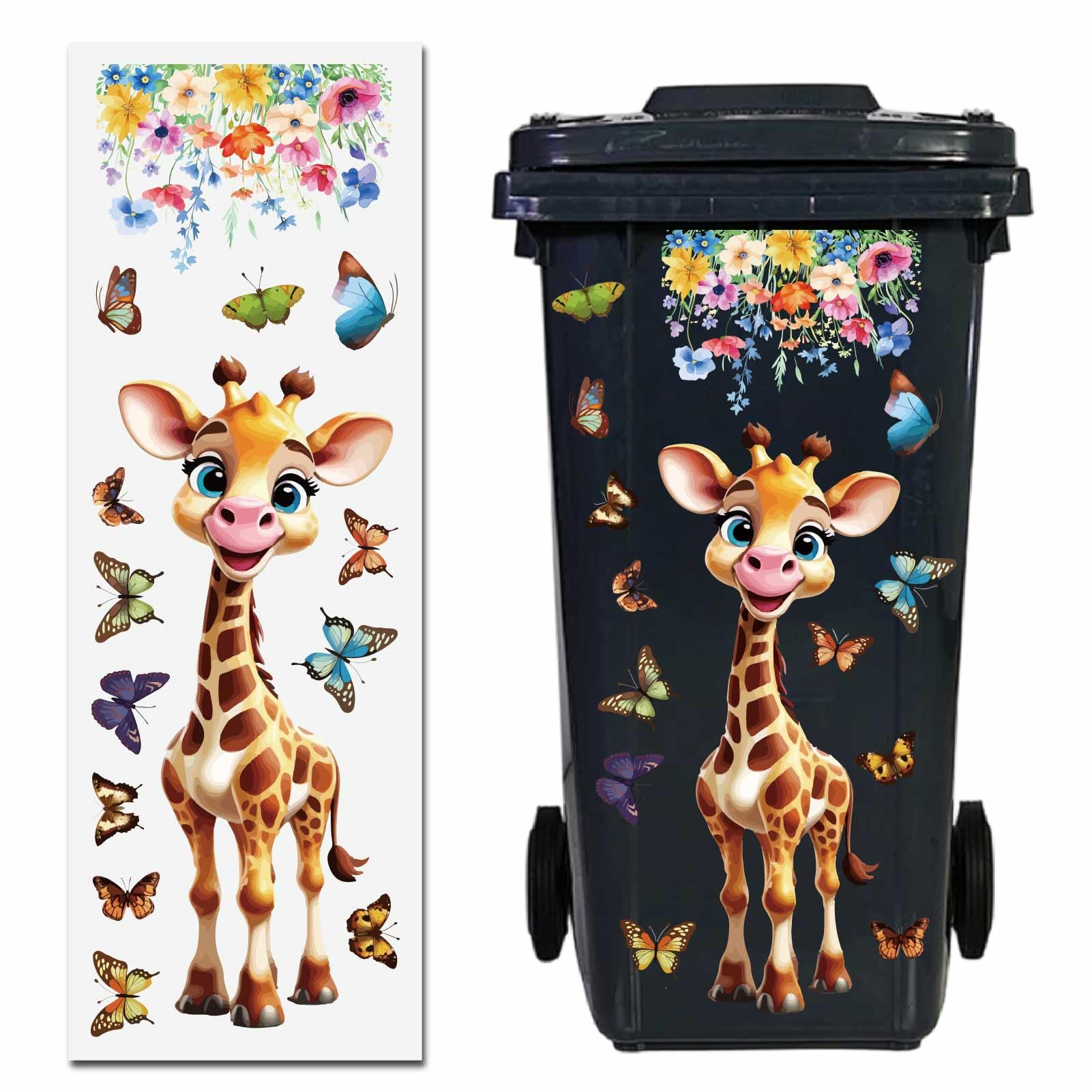 GORGECRAFT Dustbin Stickers Cartoon Giraffe Butterfly Sticky Wheelie Bin Stickers 25 x 72cm PVC Waterproof Adhesive Large Wraps for Trash Cans Bins Driveway Garden Outdoor Indoor Street Patio Decor