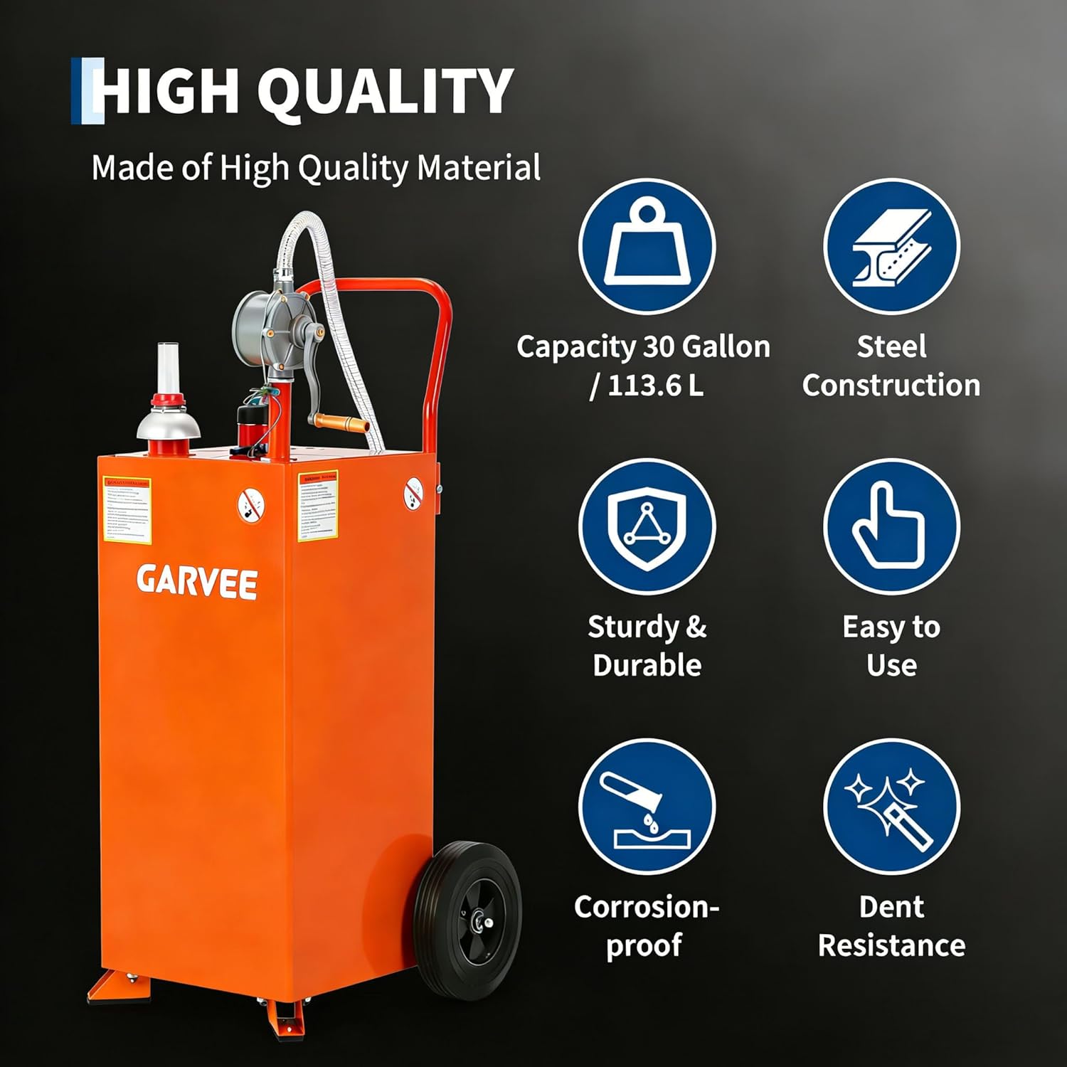Fuel Transfer Tank with Pump, 35 Gallon Fuel Caddy, Gas Storage Tank, Gasoline Diesel Fuel Tank for Cars, Lawn Mowers, ATVs, Boats, More, Orange