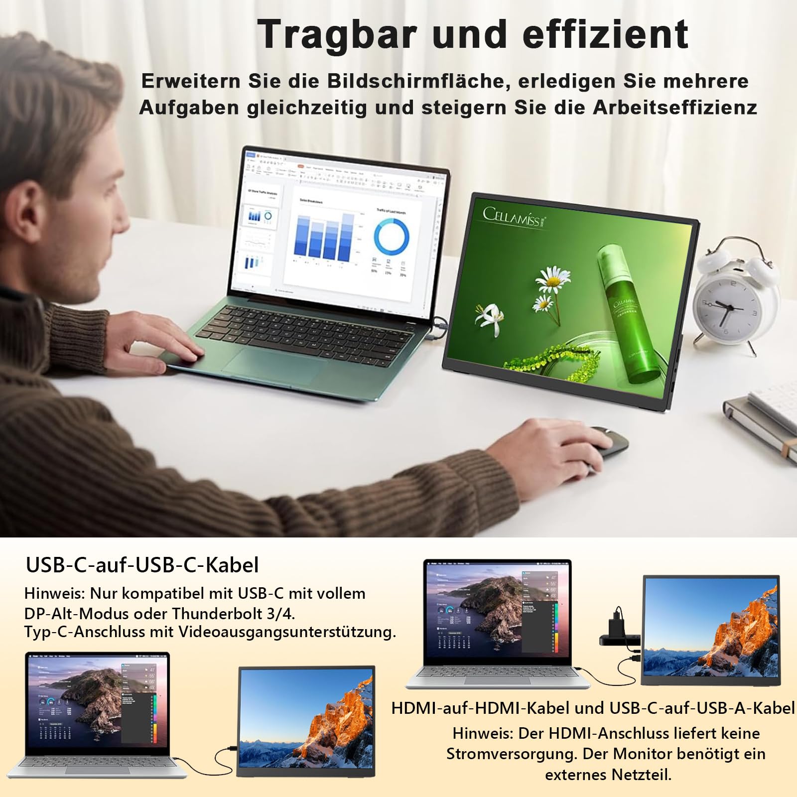 10,5 Zoll Tragbarer Monitor 1920x1280 3:2 Mini-Bildschirm|500 Nits hohe Helligkeit+2000:1Kontrastverhältnis|Ultradünnes Gehäuse mit 45°-Ständer|Dual-Port HDMI/USB-C für Laptop/Mobilgerät/Mac
