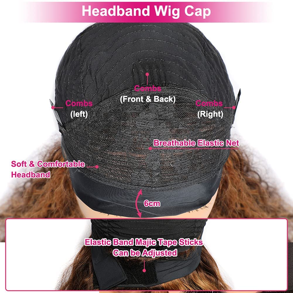 XSY Headband Wig Human Hair Highlight Ombre Curly Headband Wigs for Black Women None Lace Front Wigs 150% Density 4/27# Highglight Wig 16 Inch