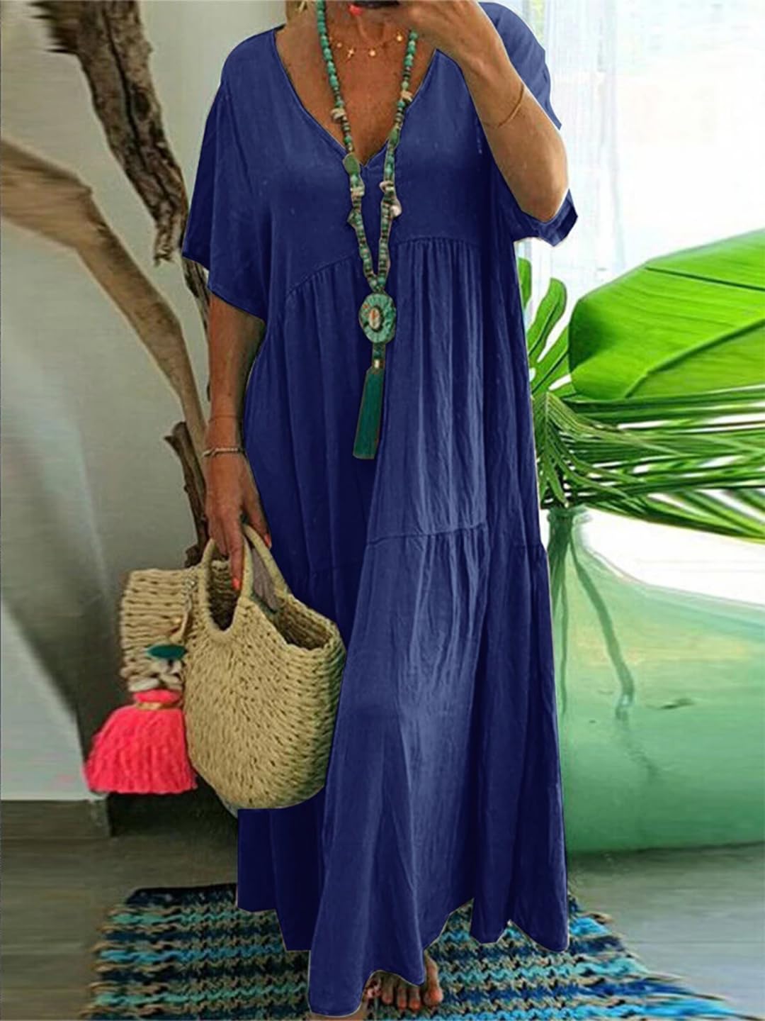 Vestido Largo de Mujer Casual Suelto de Escote en Pico, Primavera-Verano, Vestido de Mujer Plisado de Talla Grande