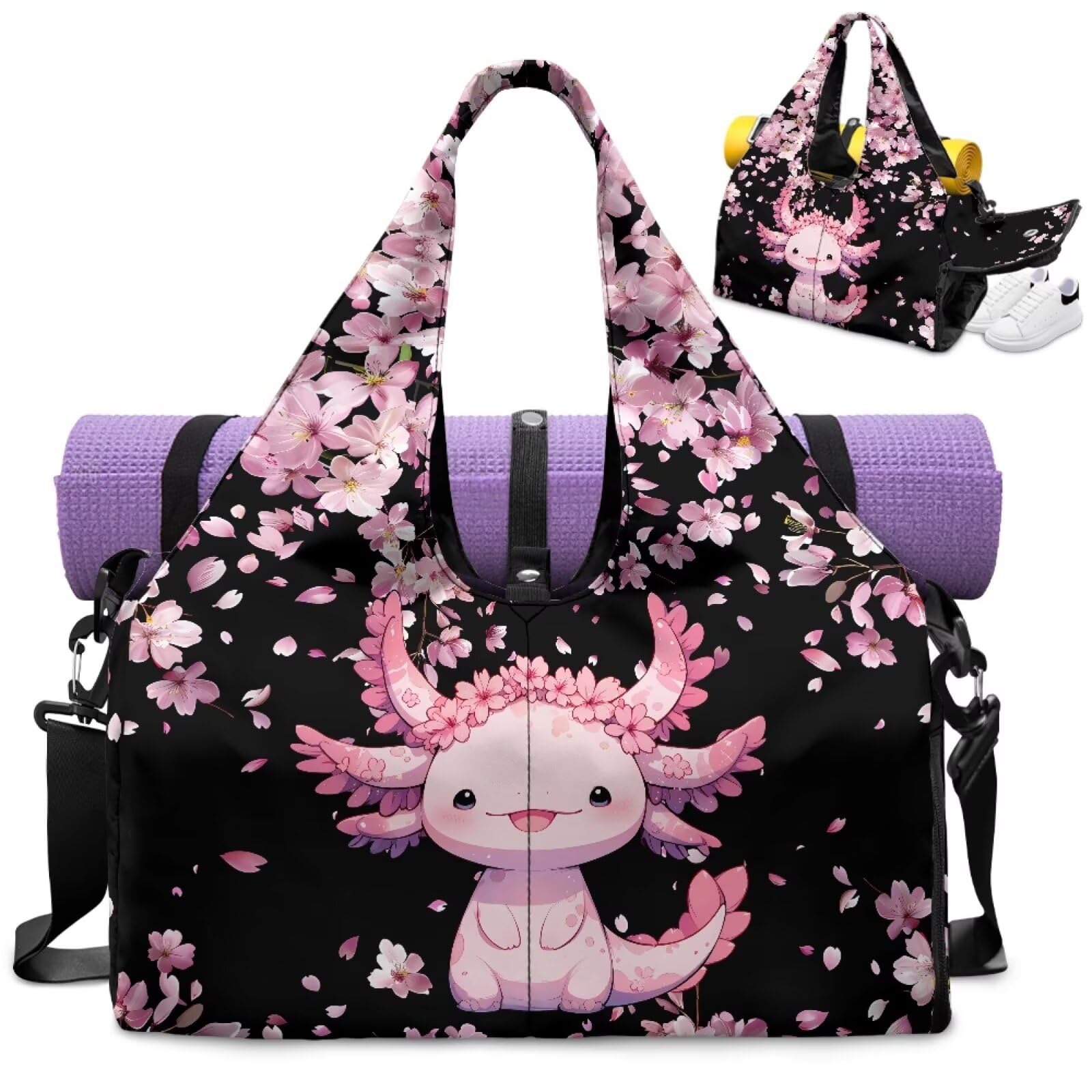 Dngkaoje Cute Axolotl Gym Bag for Women with Yoga Mat Holder and Shoe Compartment Pink Axolotl Pilates Gym Bag with Adjustable Shoulder Strap Yoga Accessories for Women Pilates Shoulder Tote Bag