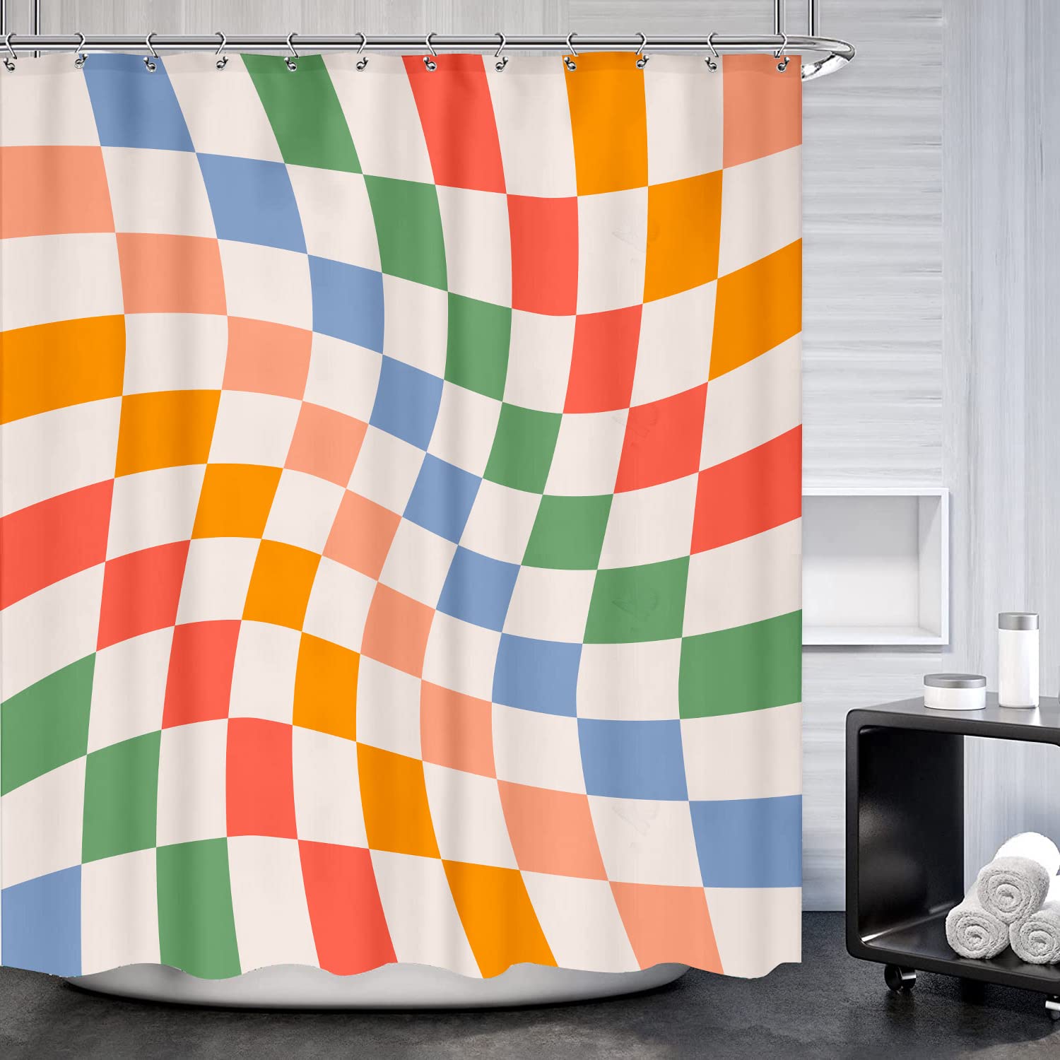 Glawry Retro-Duschvorhang | Kariert, Bunt, 152x183 Cm, Wasserdicht, Inkl. 12 Haken