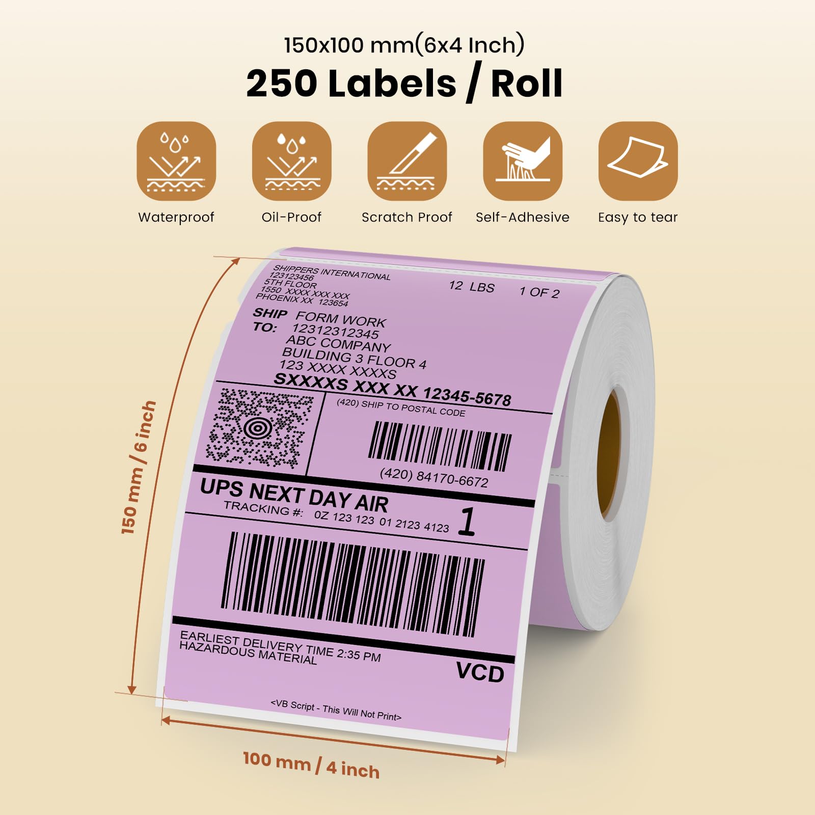 Purple Direct - Etichette termiche in vinile, 15,2 x 10,2 cm, autoadesive, rettangolari, impermeabili, per stampante, etichette di spedizione per codice QR, indirizzi fai da te, ufficio, 250