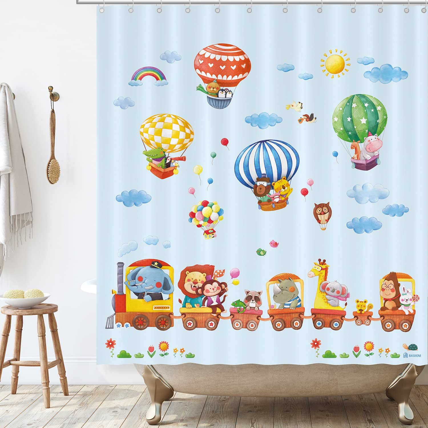 BASHOMBSC-217 Animal Tran & Hot Air Balloons Shower Curtain set for Kids Waterproof washable Decorative Bathroom 71''x71'' (180x180cm) Polyester Fabric with 12 Hooks Colourful educational