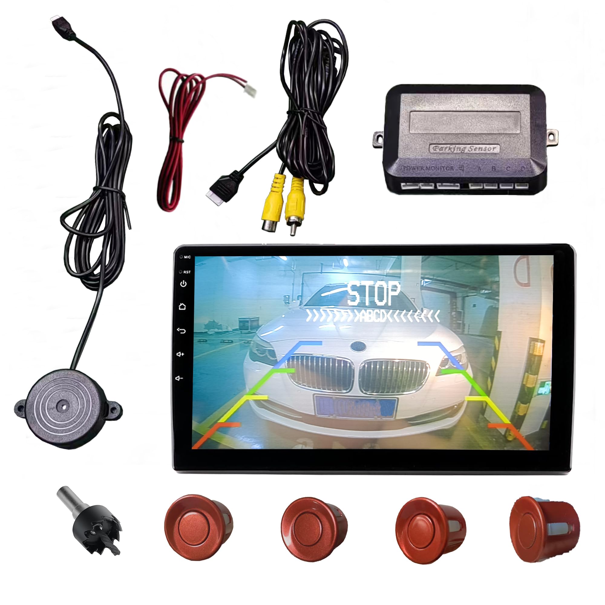 Parking Sensor Kit LCD - Displays Data on Original Screen, Easy Rear Installation, Compatible with CVBS Cameras (Not for AHD), 20 Probe Colors to Match Any Vehicle（Dark Red）