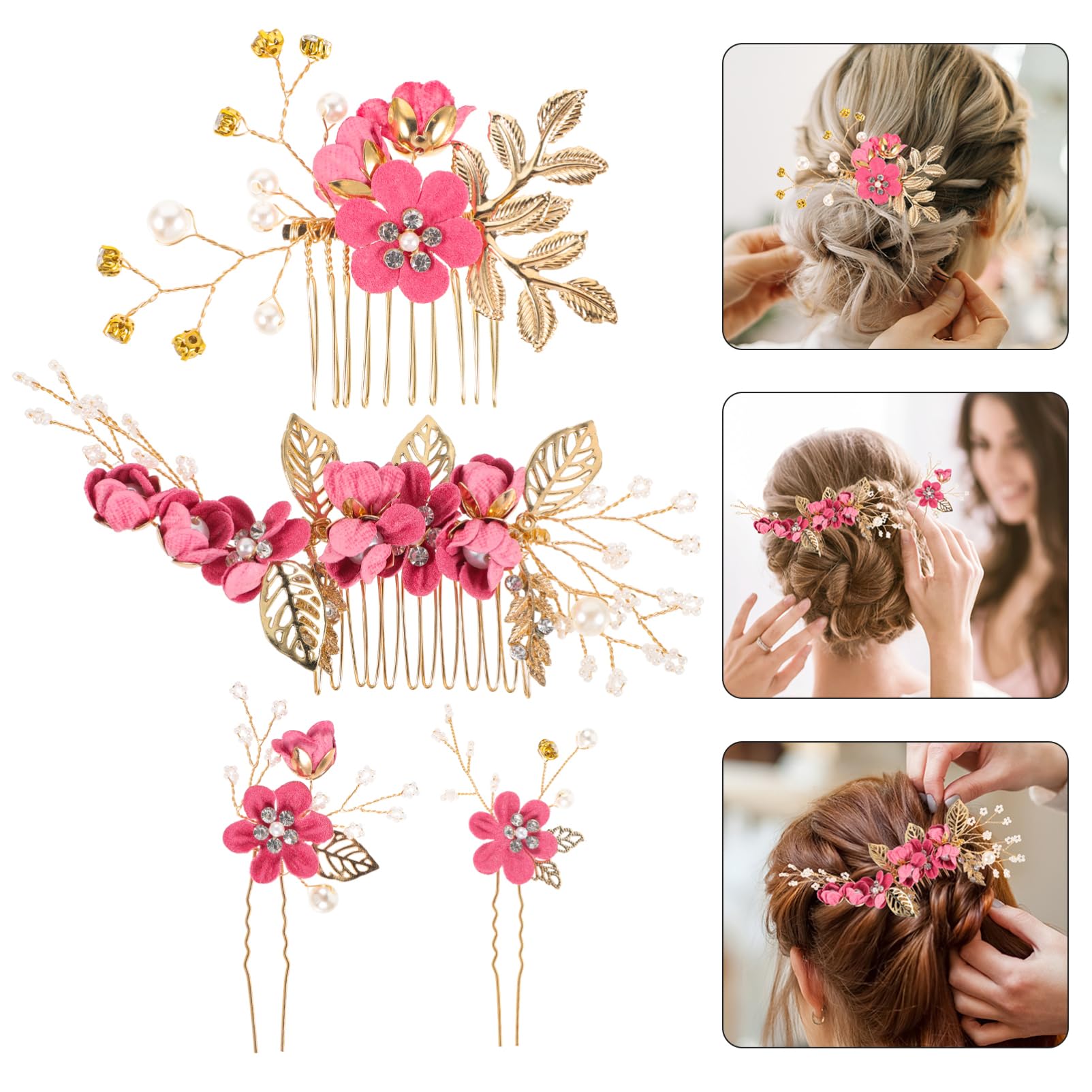 Juego de 4 Peinetas de Novia Flores y Decoración de Pedrería, Aleación, para Boda y Aniversario, Accesorio Delicado Cabello