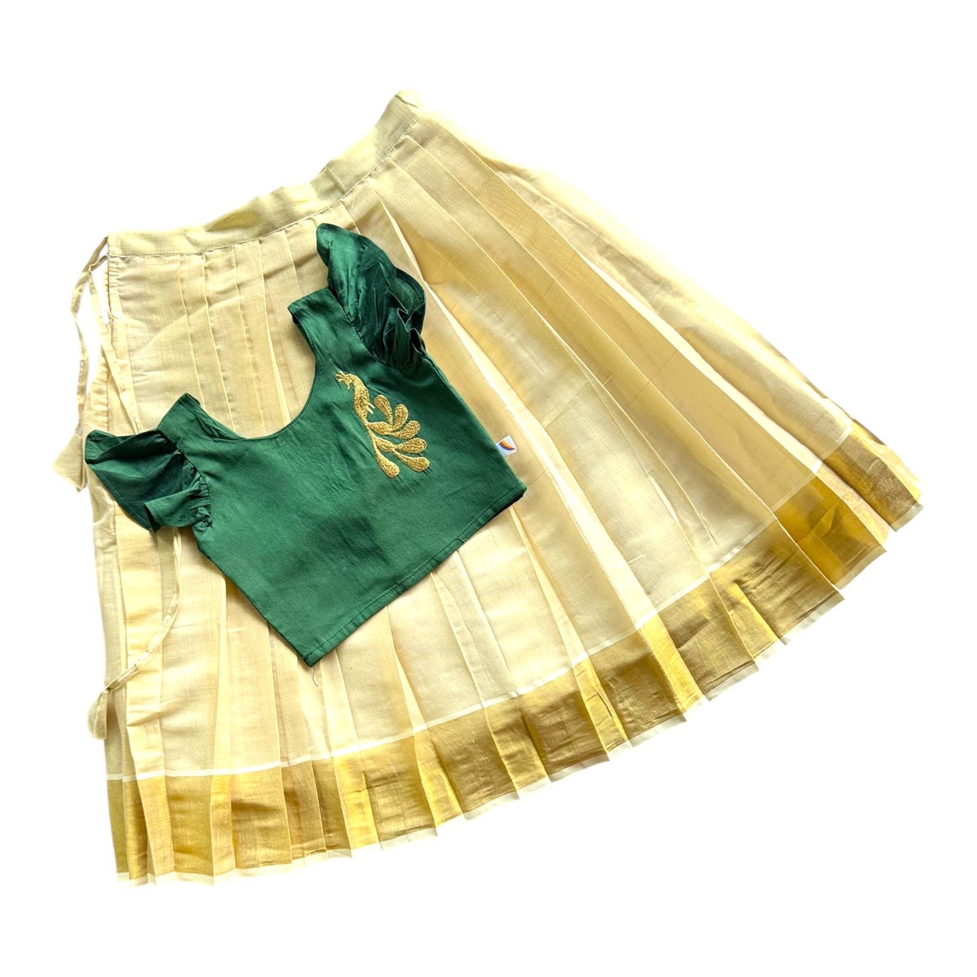 Baby Girls Traditional Kasavu PattuPavadai/Lehenga Set (Peacock-Tissue)-image-45