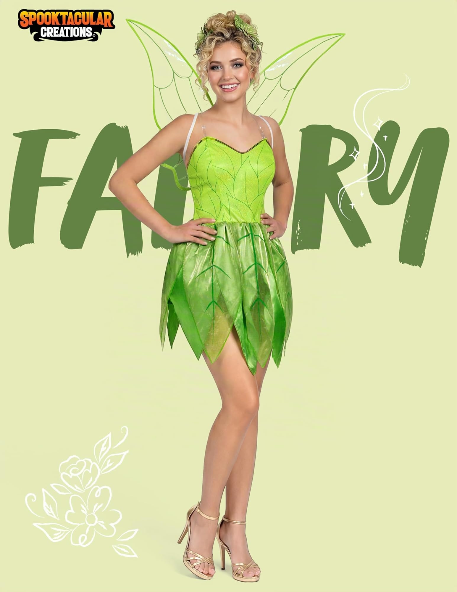 Spooktacular Creations Abito da donna verde da favola da favola con ali, set di costumi per feste di Halloween per adulti, cosplay-S