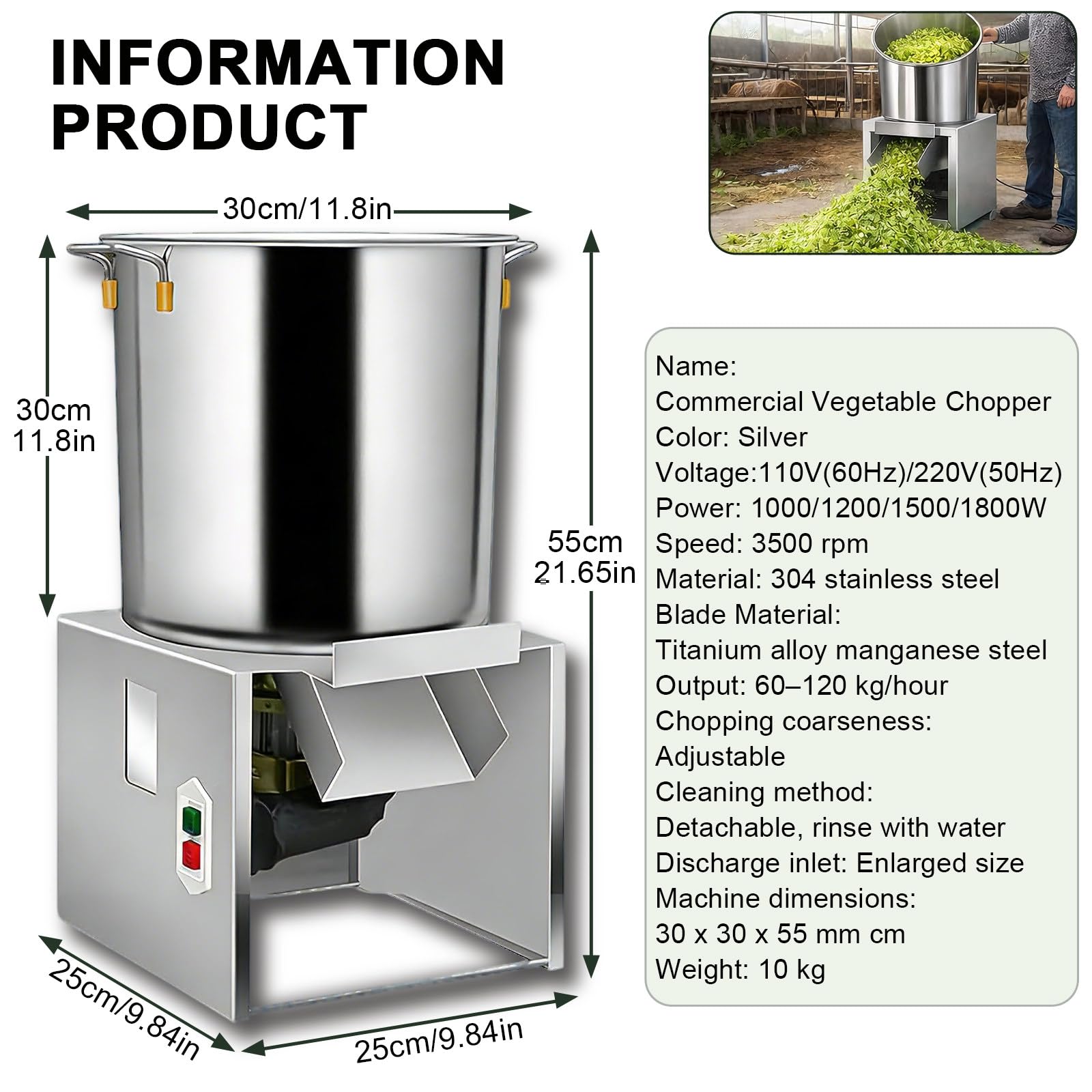 Procesadora de Alimentos Comercial, picadora de Verduras Comercial, Puerto de alimentación Grande, 60-200 kg/h, ralladora y trituradora de Verduras Profesional con 4 Cuchillas 1500W