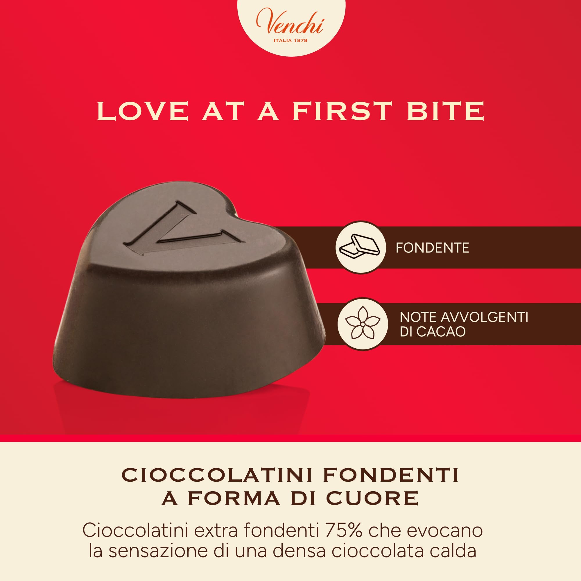 Venchi - Cioccolatini a Forma di Cuore, Extra Fondente, 1 Kg, Vegano, Senza Glutine, Senza Coloranti e Conservanti, Idea Regalo Festa della Mamma