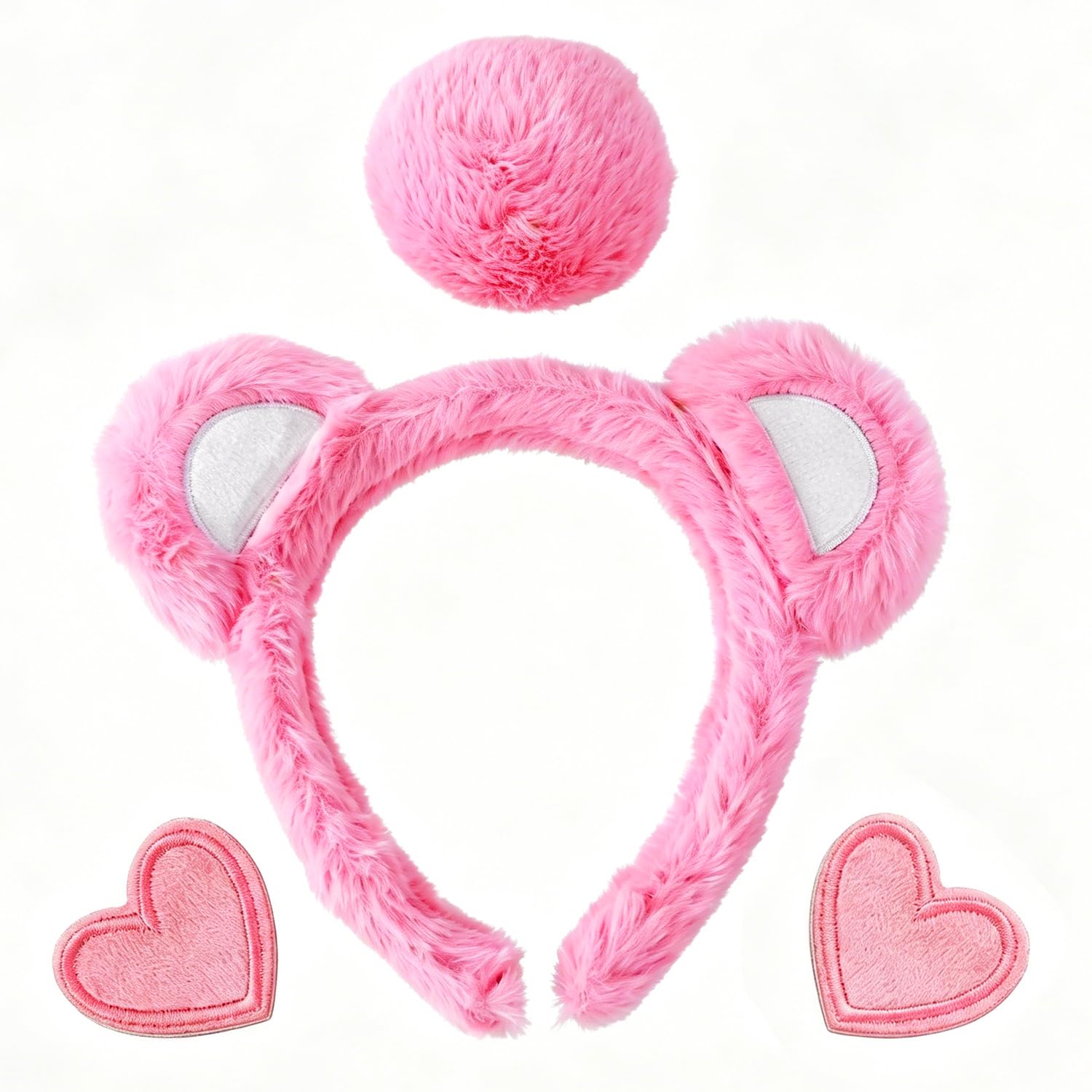 TIHNY Bear Ears Headband + Tail + Heart Brooch Pin Set, Plush Costume Accessories, Bear Ears for Adults, World Book Day, Halloween Cosplay, Pink