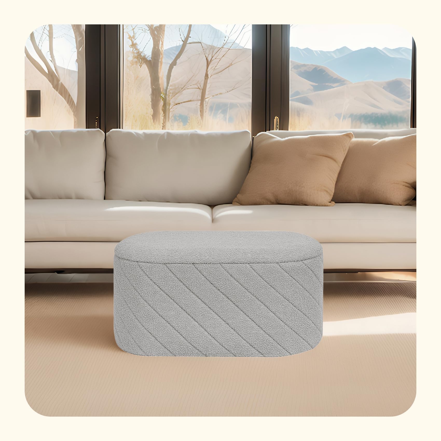 PINPLUS Panca Contenitore con Coperchio Imbottito, Ovale e Pieghevole, in Tessuto Boucle, come Poggiapiedi per Soggiorno e Camera, 76x38x38 cm, Grigio