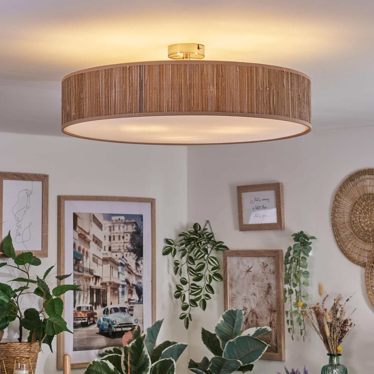 HOFSTEIN Deckenleuchte Foggia, Deckenlampe aus Metall/Schilfgras/Kunststoff in Nickel-matt/Braun/Weiß, runde Leuchte im modernen Boho-Design (Ø 60 cm), E27, Esszimmer, Wohnzimmer, Schlafzimmer, Küche