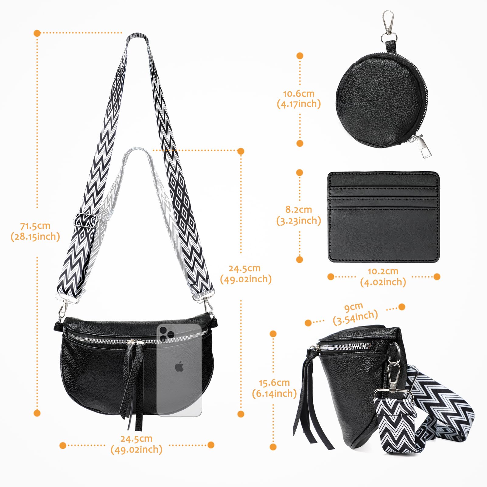 Kiiwah Marsupio Donna Elegante Pelle PU, Borsa a Tracolla di Medie Dimensioni Nero Tracolla Larga con 2 Rimovibile Spallacci