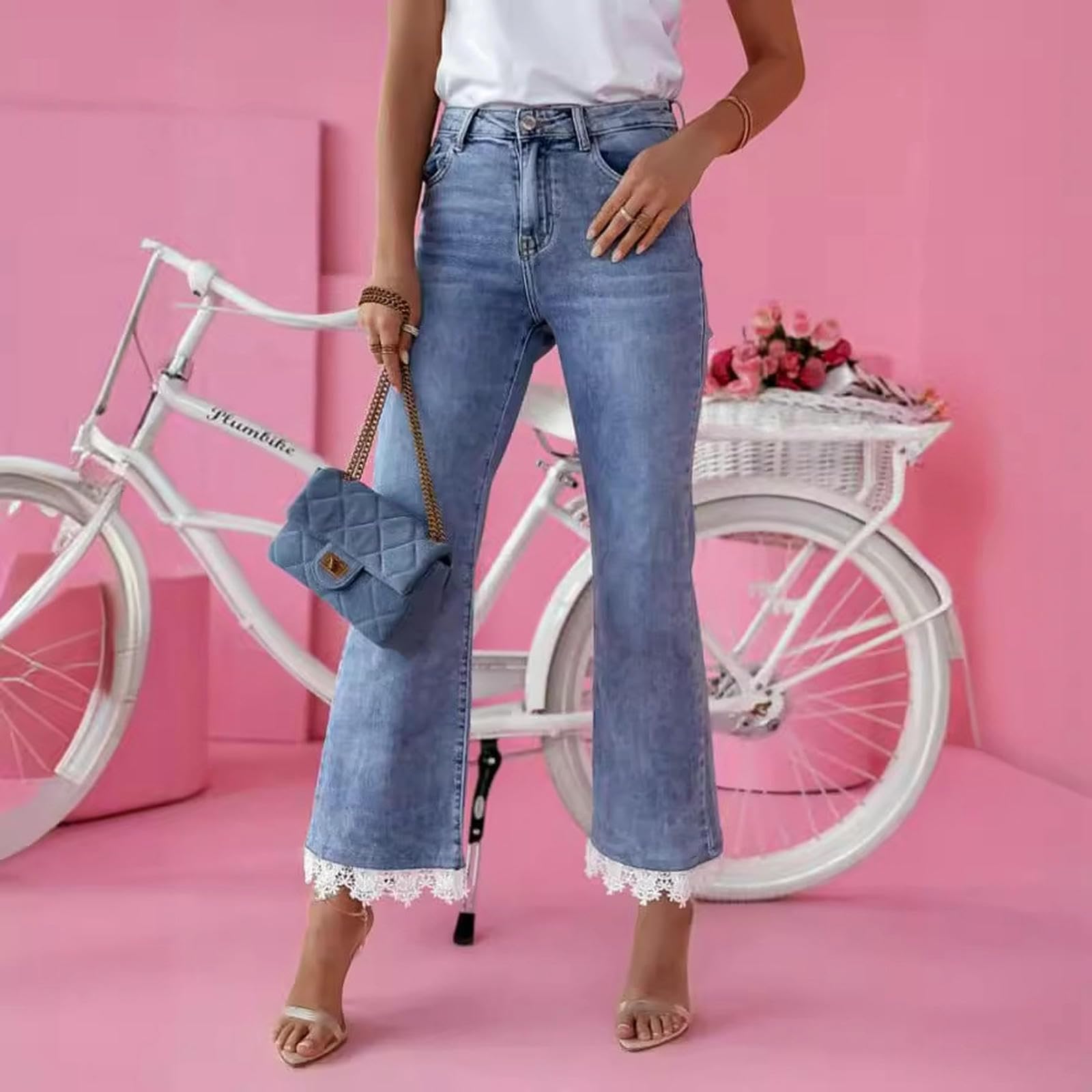 Jeans da Donna Pantaloni A Zampa Slim Vita Alta con Finiture in Pizzo-Azzurro-XXL