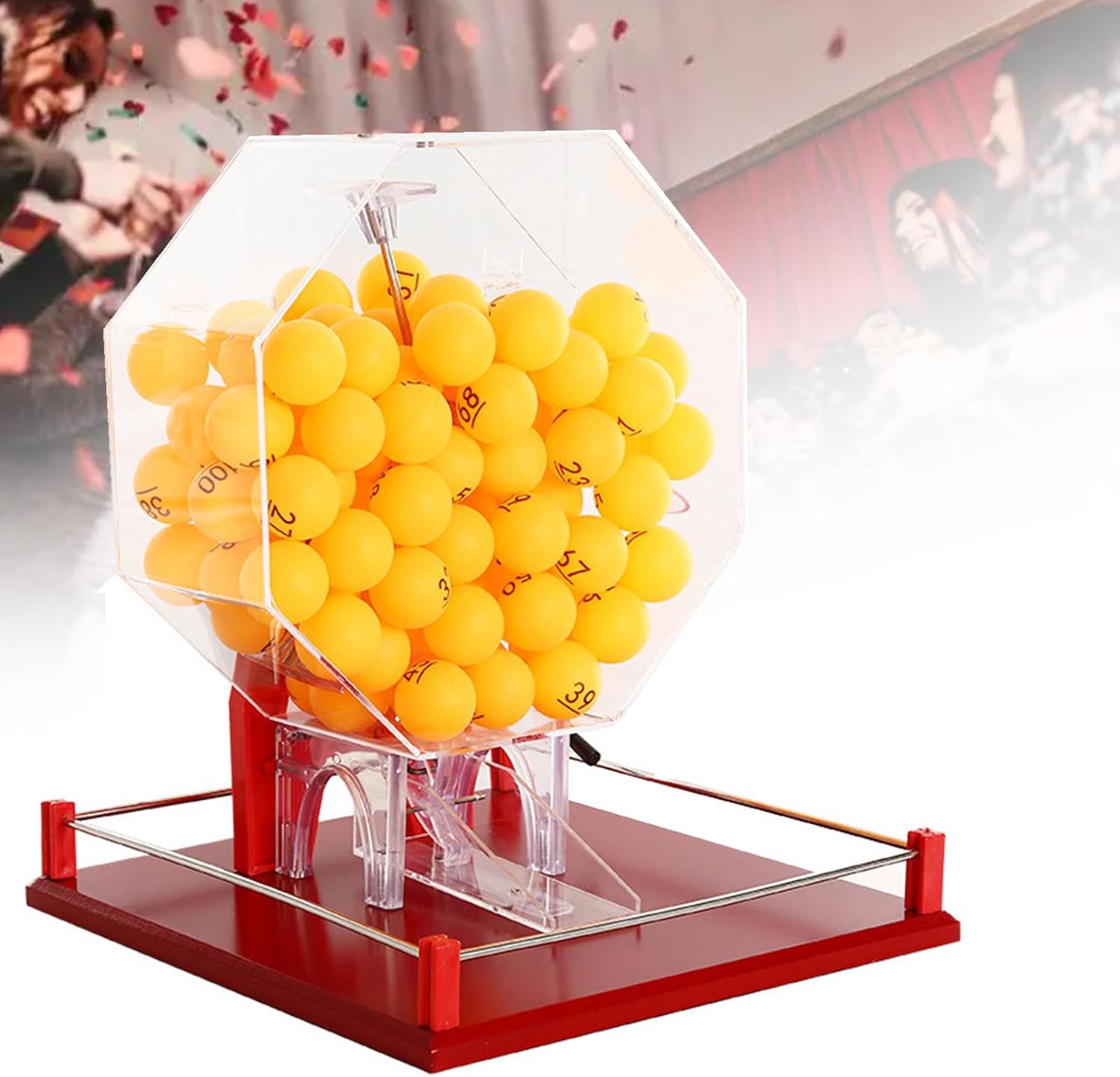 Deluxe Bingo Set,Hand Crank Lottery Drawing Machine, Ball Number Selector, Includes Bingo Cage with100 Balls - Ideal for Large Groups, Parties,Red