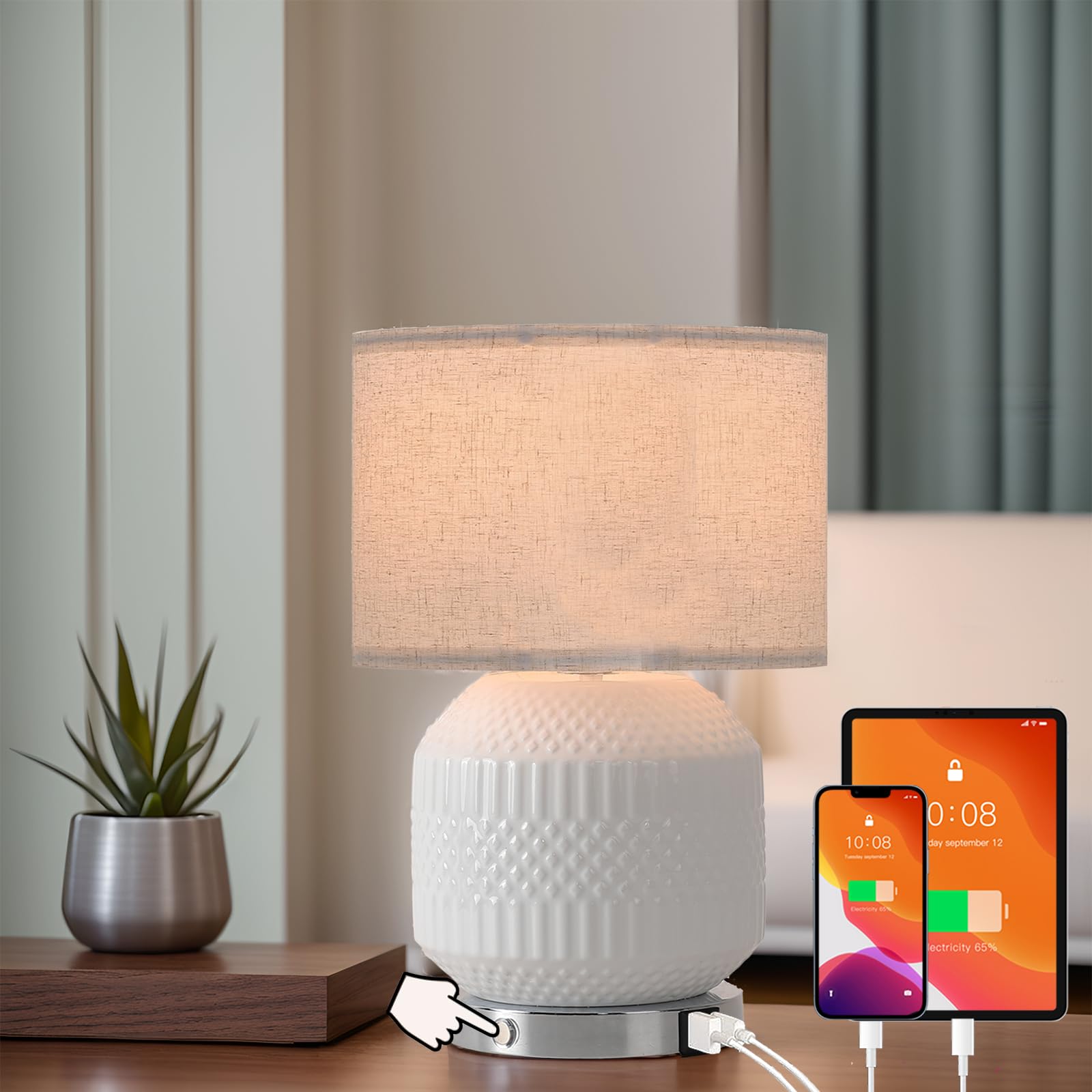 White Ceramic Table Lamps Set of 2,18'' Modern Nightstand Bedside Lamps