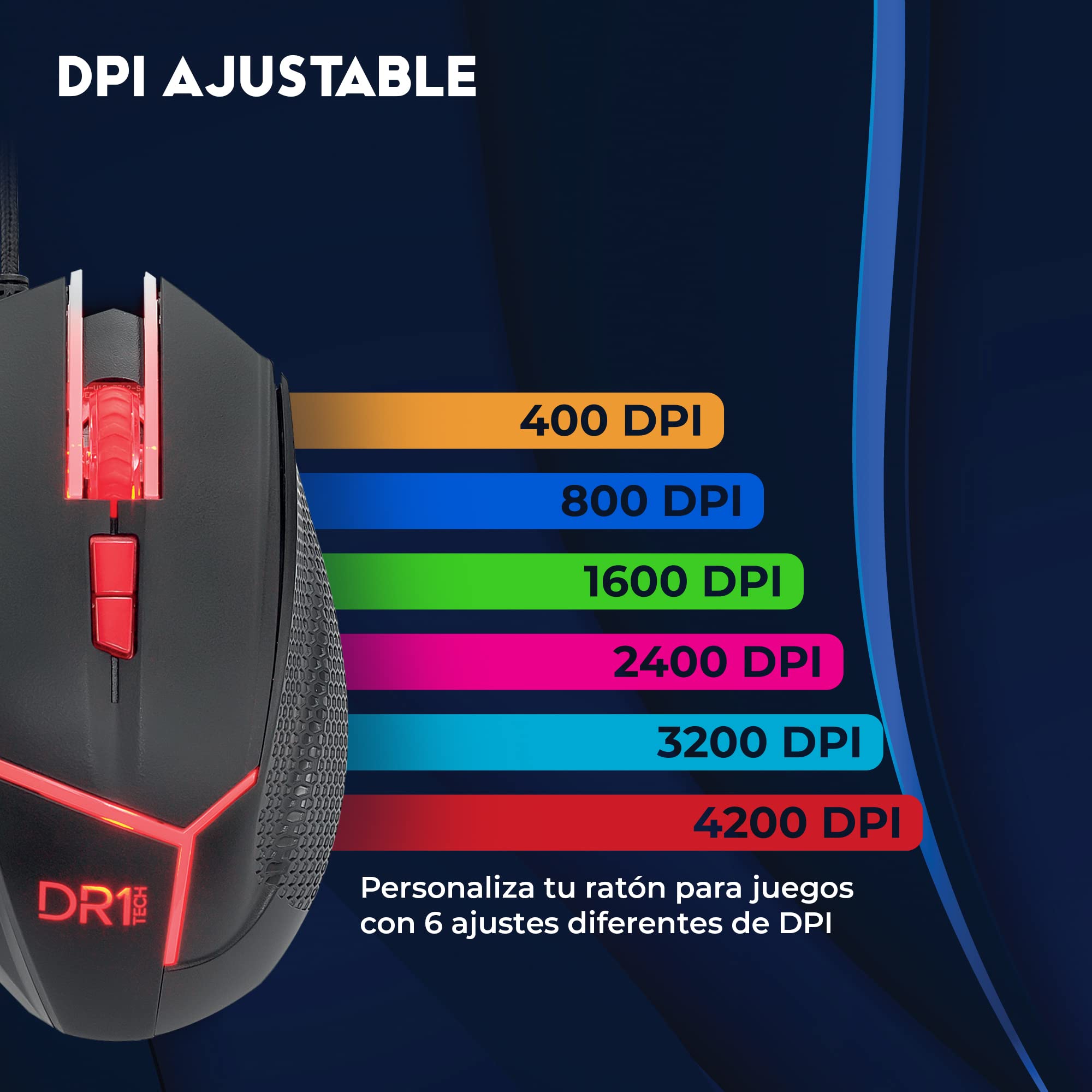 DR1TECH Hunter+ Ratón Gaming Profesional [5 Pesas Extraíbles + Triple Fire] - 9 Teclas hasta 4200 dpi - Ratón Ergonómico con Cable para PC/PS4/XBOX