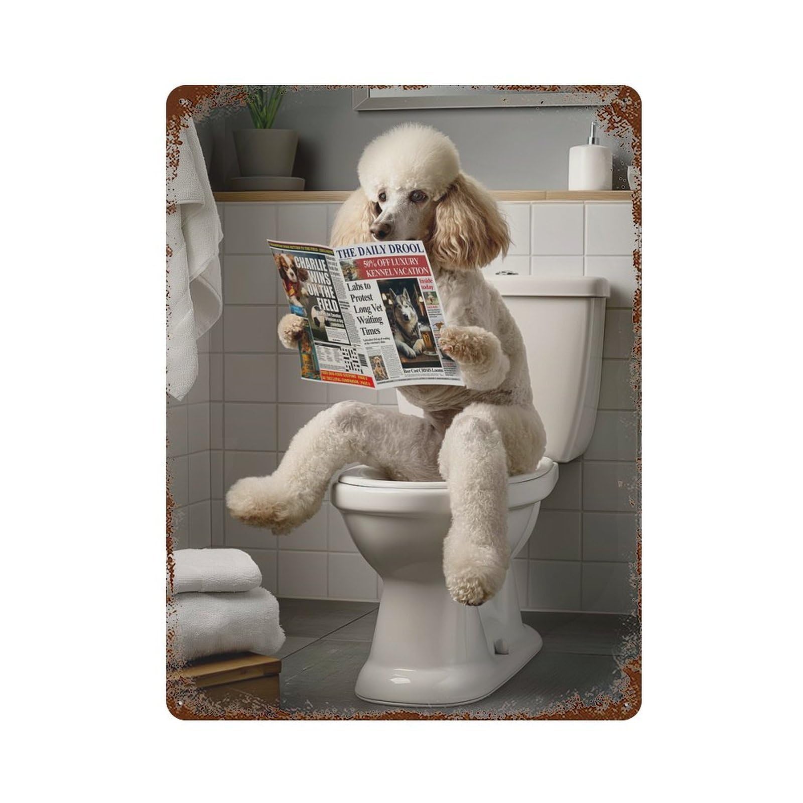 Poodle on The Toilet Vintage Wall Sign 15.7"x11.8", Rust Effect Metal Decor for Farmhouse, Kitchen And Entryway Decor