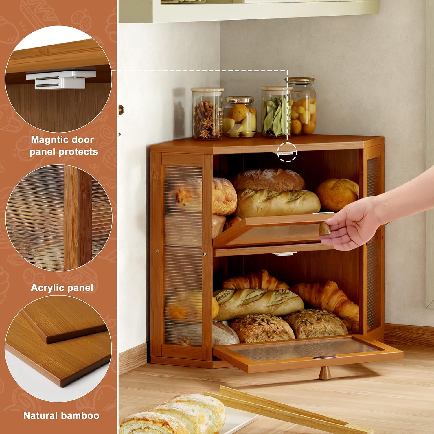 WOWLIVE Corner Bread Box for Kitchen Countertop, Double Layer Bamboo Bread Storage Container, Large Farmhouse Bread box with Acrylic Wavy Door Panel, Under Cabinet Organizer (Caramel, Medium)