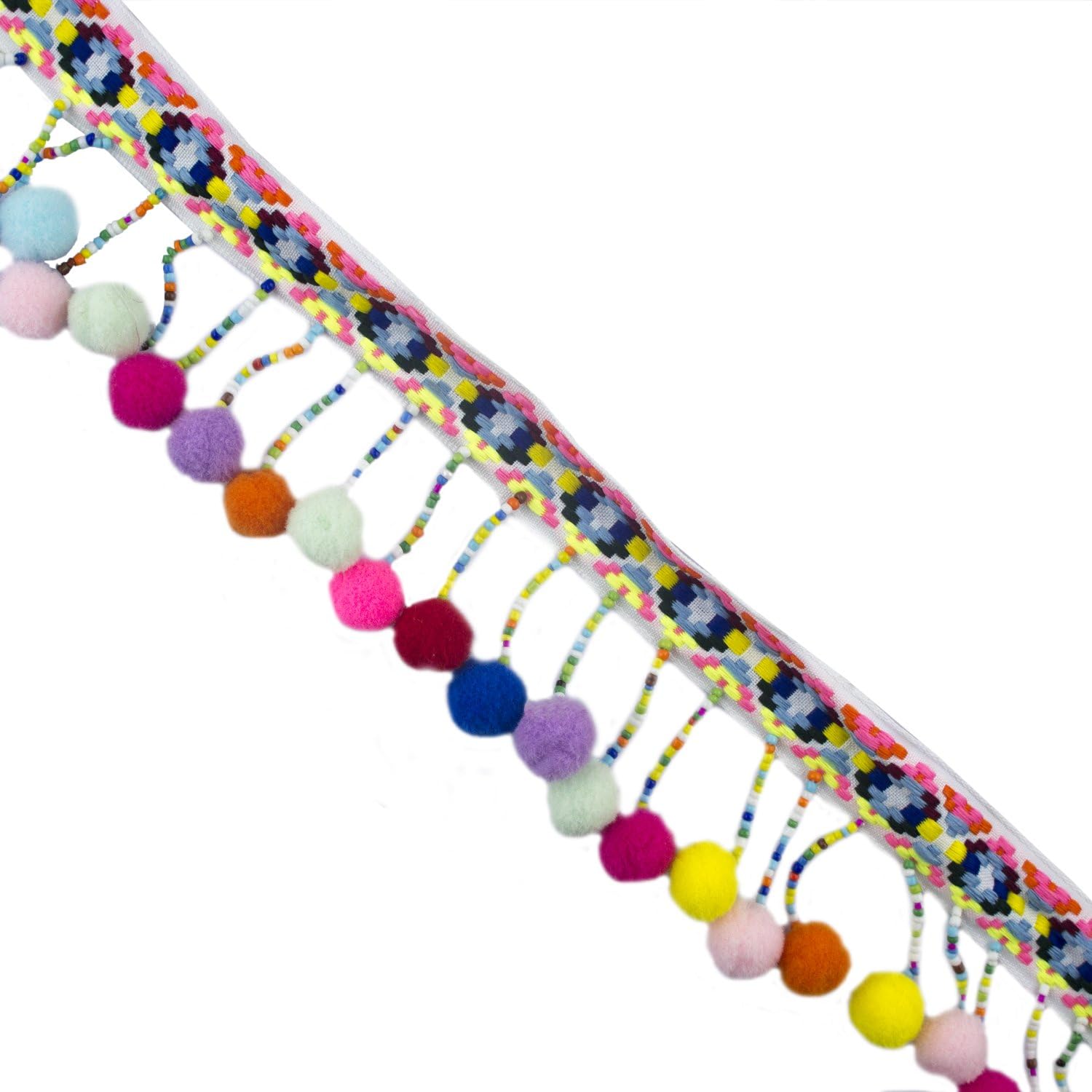 HAND® Colourful Pom Pom Trim Embellishment with Multicoloured Base for Fashion, Art & Craft - 2 Metres