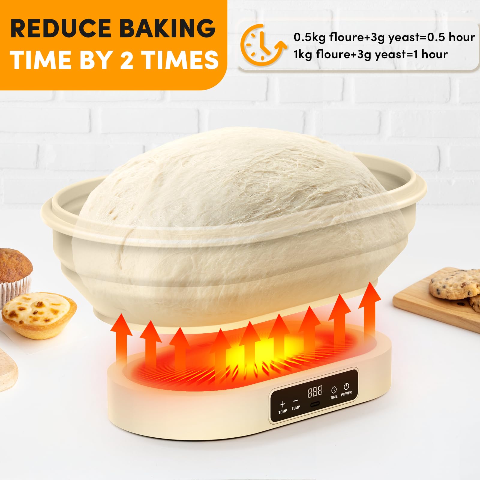 Calentador de masa madre premium con cuenco plegable de silicona para cocina: esencial para hornear en casa con compatibilidad con tarro Weck y tapete de calefacción para fermentación controlada
