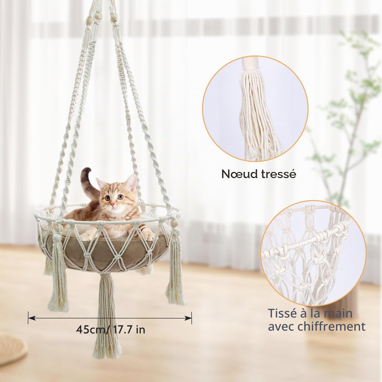 Hamac pour chat en macramé, lit balançoire pour chat, nid suspendu tricoté à la main