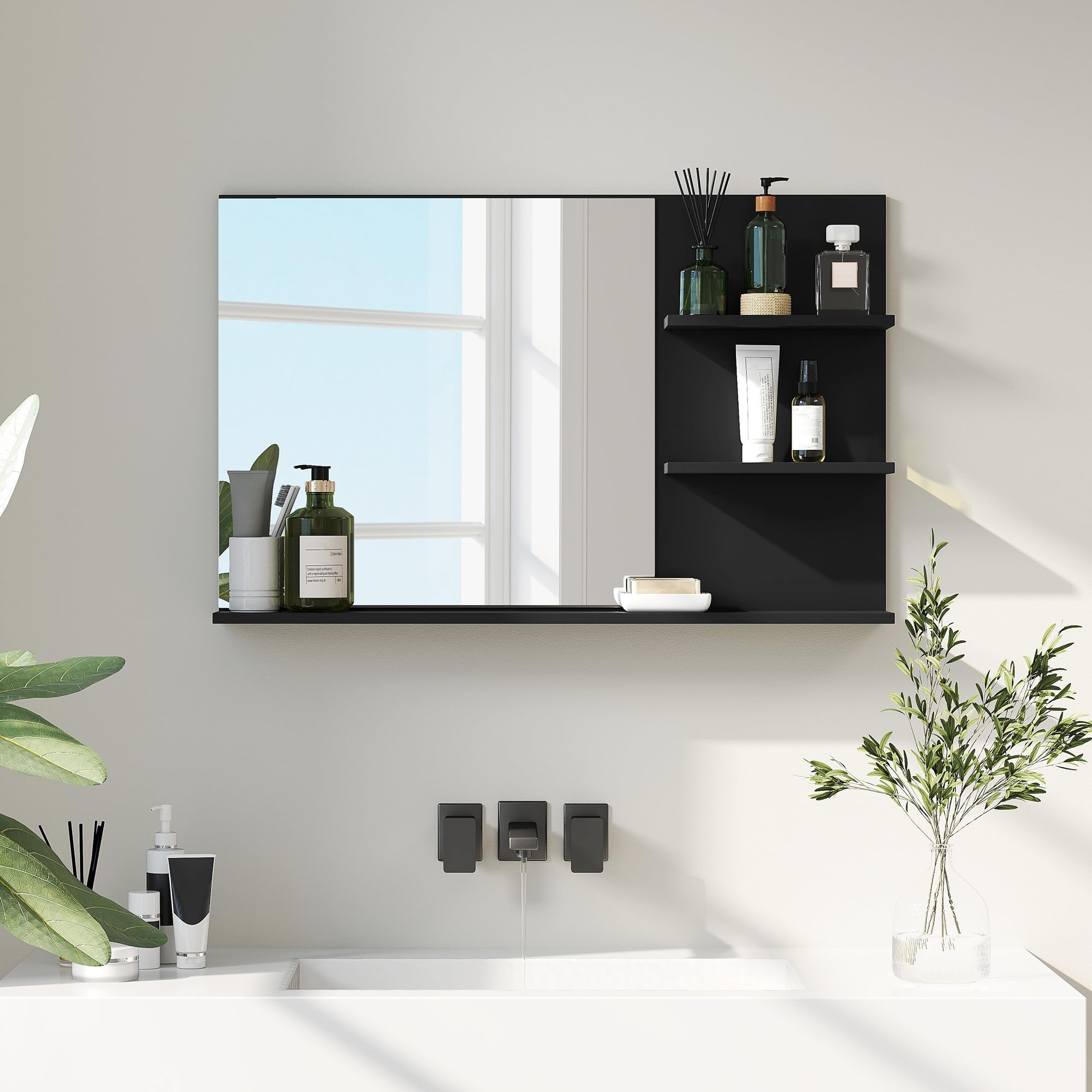 kleankin Miroir de Salle de Bain Moderne avec 2 étagères latérales et Une étagère inférieure, Miroir Mural en MDF et Verre, 75x10x48 cm, Noir