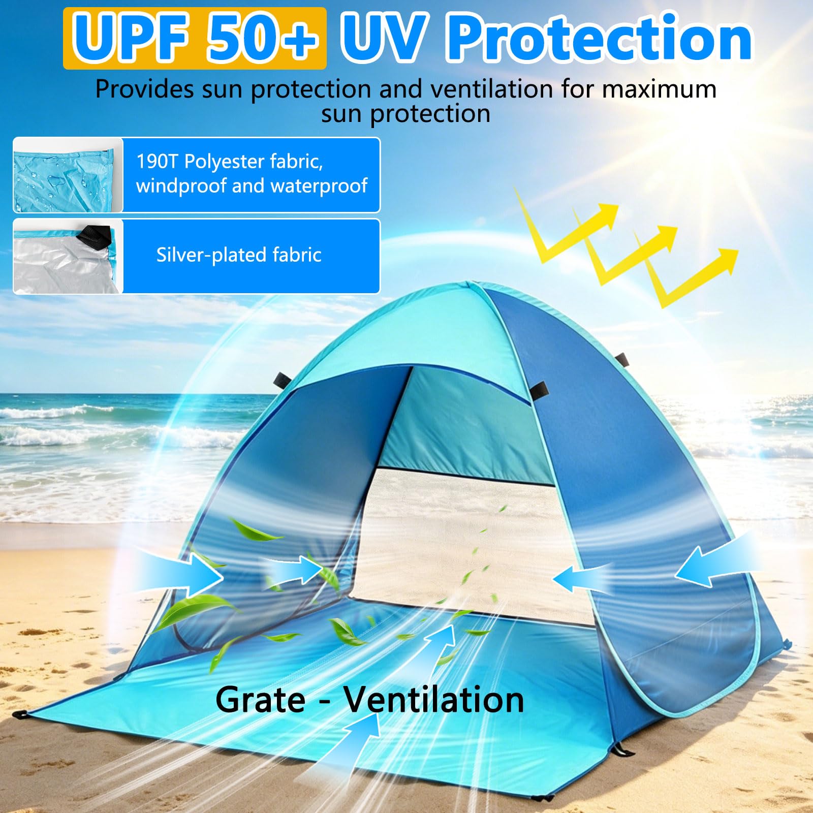 Tenda da Spiaggia Pop Up, Protezione Solare UPF 50+ Dai Raggi UV, Antivento, per 1-3 Persone, Include Custodia per il Trasporto e Picchetti, per Campeggio in Famiglia, Giardini e Spiagge (Blu)