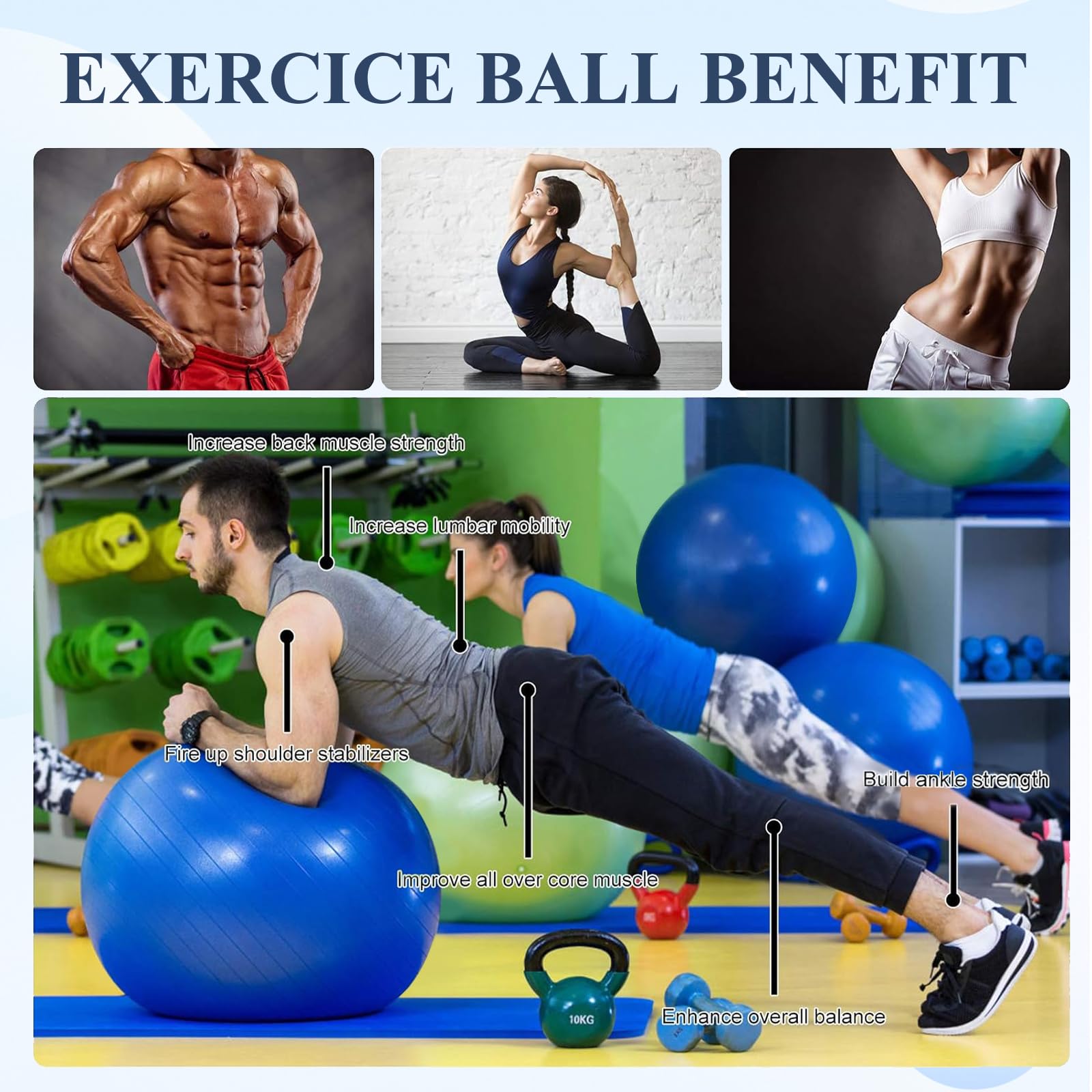 flintronic Palla Fitness, Palla da Ginnastica, 55/65/75/85cm Palla Anti-Scoppio, Palla di stabilità, con Pompa, Strumento Tappo Pompa, E Manuale per Yoga, Esercizi di Equilibrio, Allenamento, Fitness