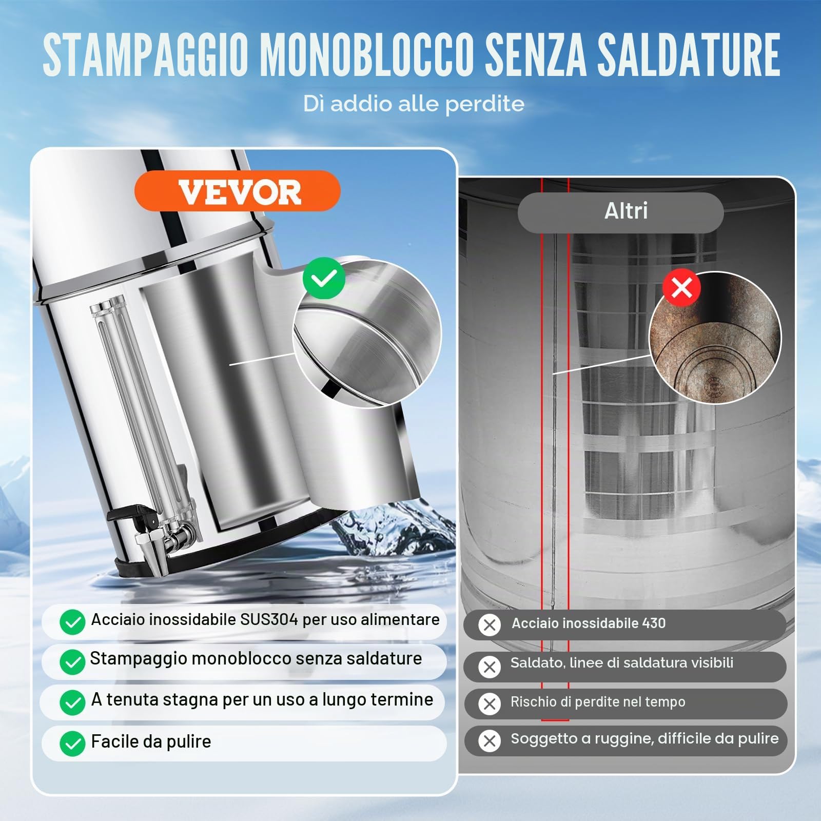 VEVOR Sistema di Filtraggio Acqua a Gravità Sistema in Acciaio Inox Sistema Filtraggio Acqua 7+8,5 L, Riduce Piombo e Cloro, con 2 Filtri al Carbone, Indicatore del Livello dell'Acqua, Camper