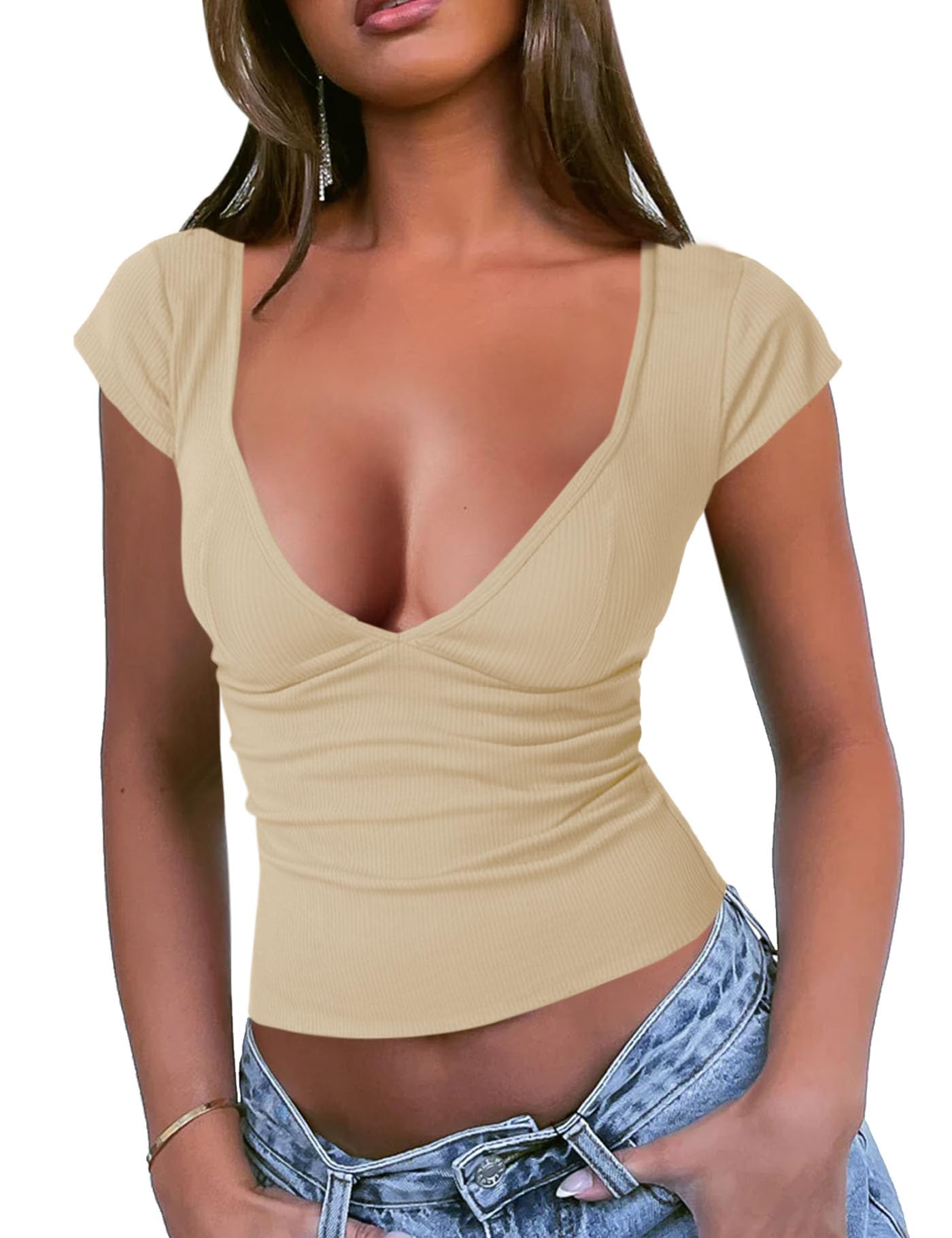 Fallorchid Women's Sweetheart Neck Ribbed Knit Top Short Sleeve Sexy Slim Fit T Shirt X-Large Apricot