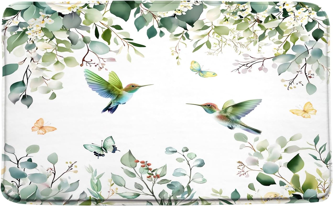 Eucalyptus Leaves Bath Mat Spring Hummingbird Sage Green Watercolor Floral Bird Botanical Plant Butterfly Modern Aesthetic Foam Bathroom Rug Floor Carpet, 17.7x29.5 Inch