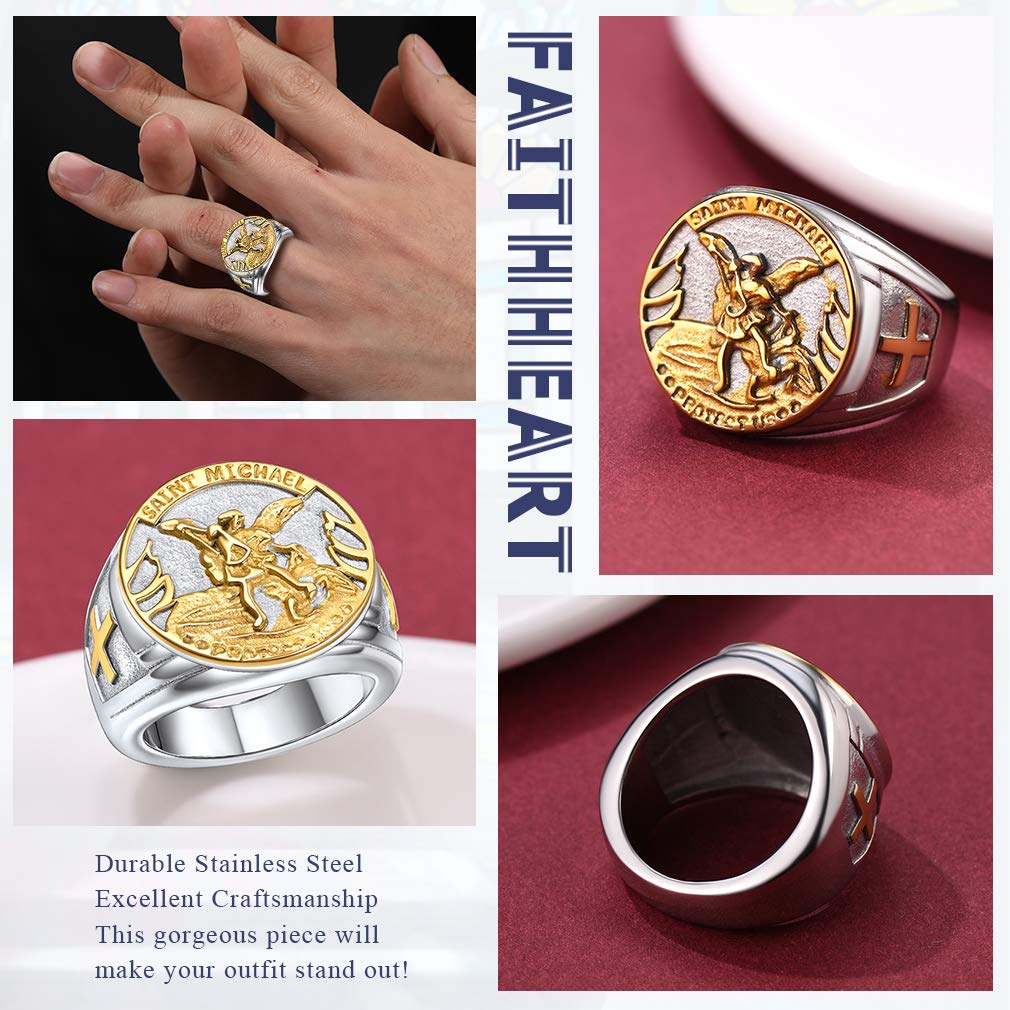 FaithHeart Anello Uomo San Michele Amuleto in Acciaio Inox 316L Antiallergico Argento Nero Retro Rilievo 3D Misure IT 14-32 Disponibili Gioielli Talismano Regalo Compleanno