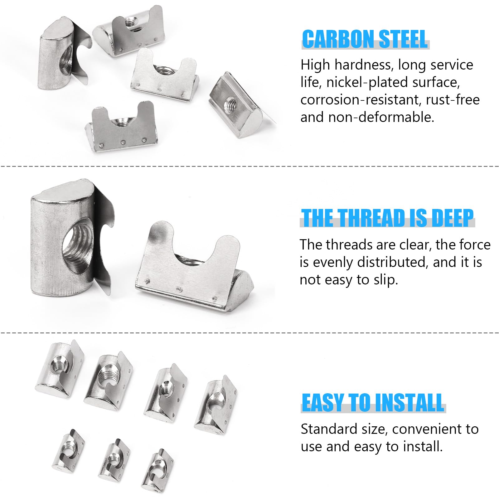 Glarks 48pcs M4/M5/M6/M8 30 SeriesT Nuts Roll in Spring Kit, Carbon Steel T Nut with Springs Sheet, Silver Spring T Nut - Image 4