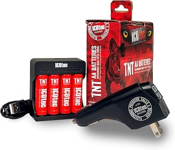 ICOtec TNT Rechargeable AA Battery Kit - 2700mAh - Long Life - High Capacity - 1,200 Charge Cycle Life, Includes AC/DC Power Inverter, Charger and USB Cable