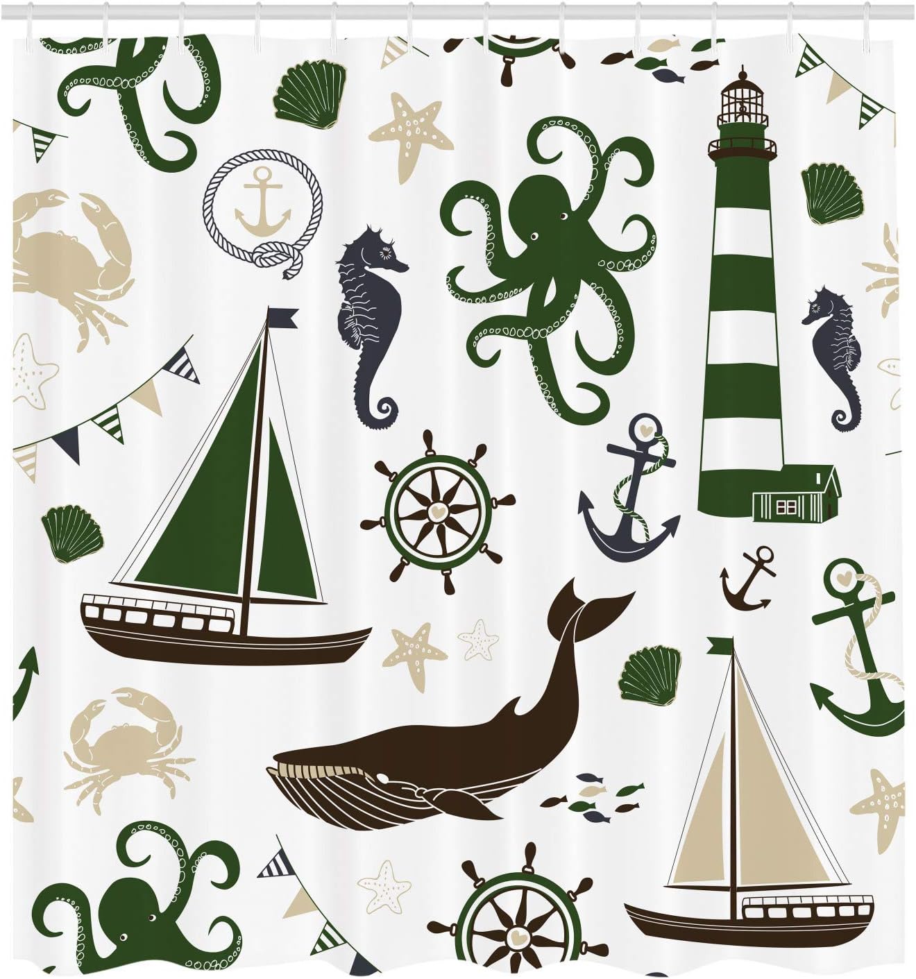 Ambesonne Nautical Shower Curtain, Pastel Colored Composition of Lighthouse Sailboat Fish Shells Octopus, Cloth Fabric Bathroom Decor Set with Hooks, 69" W x 84" L, Green Brown