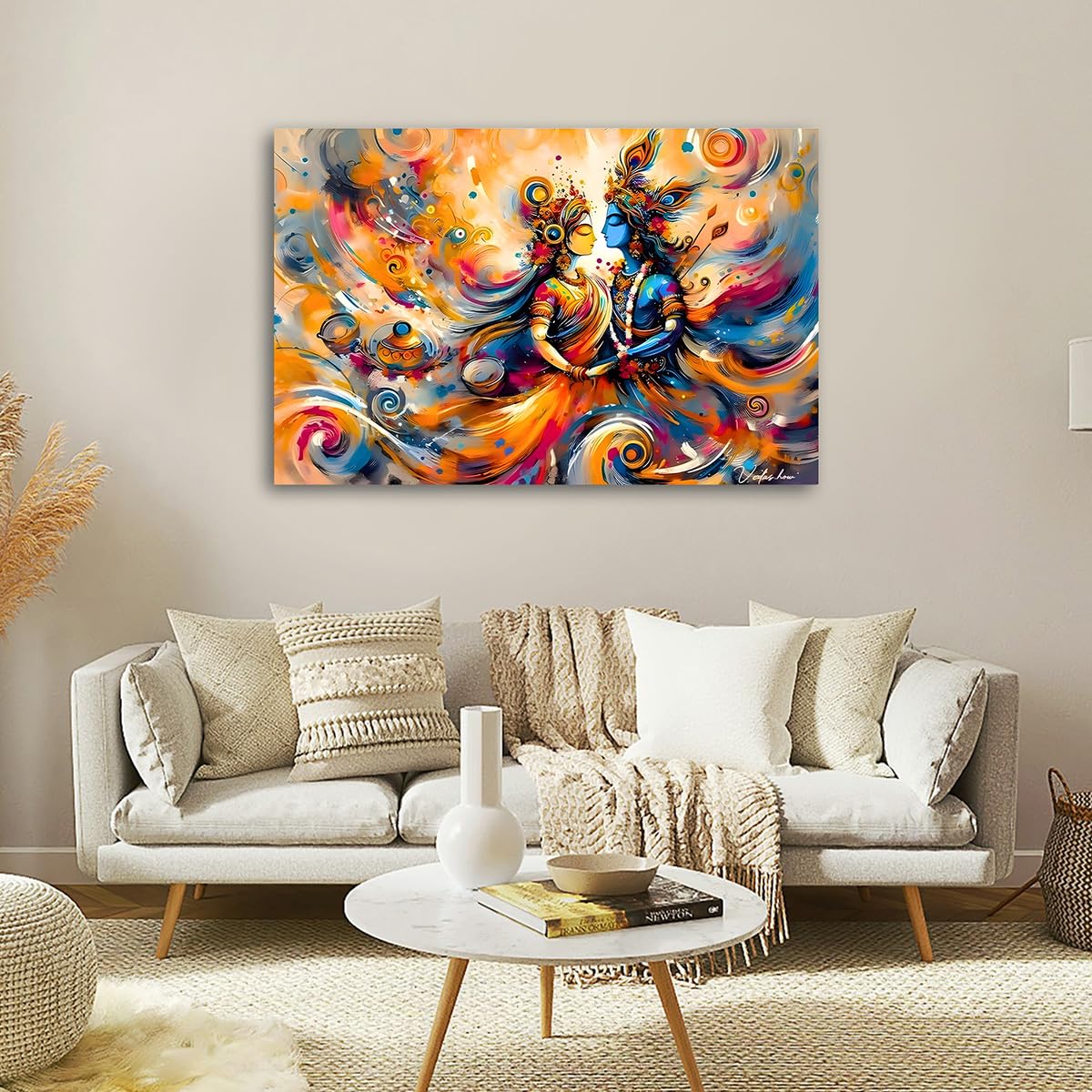 7 Colours Decors Canvas Painting Wall Frame | Radha Krishna Divine Couple | Vibrant Abstract Artwork with Ornate Headpieces, Swirling Orange-Blue-Yellow Patterns, and Spiritual Aura | Decorative Wall Art for Living Room and Office (36x24 Inches)-picture-40