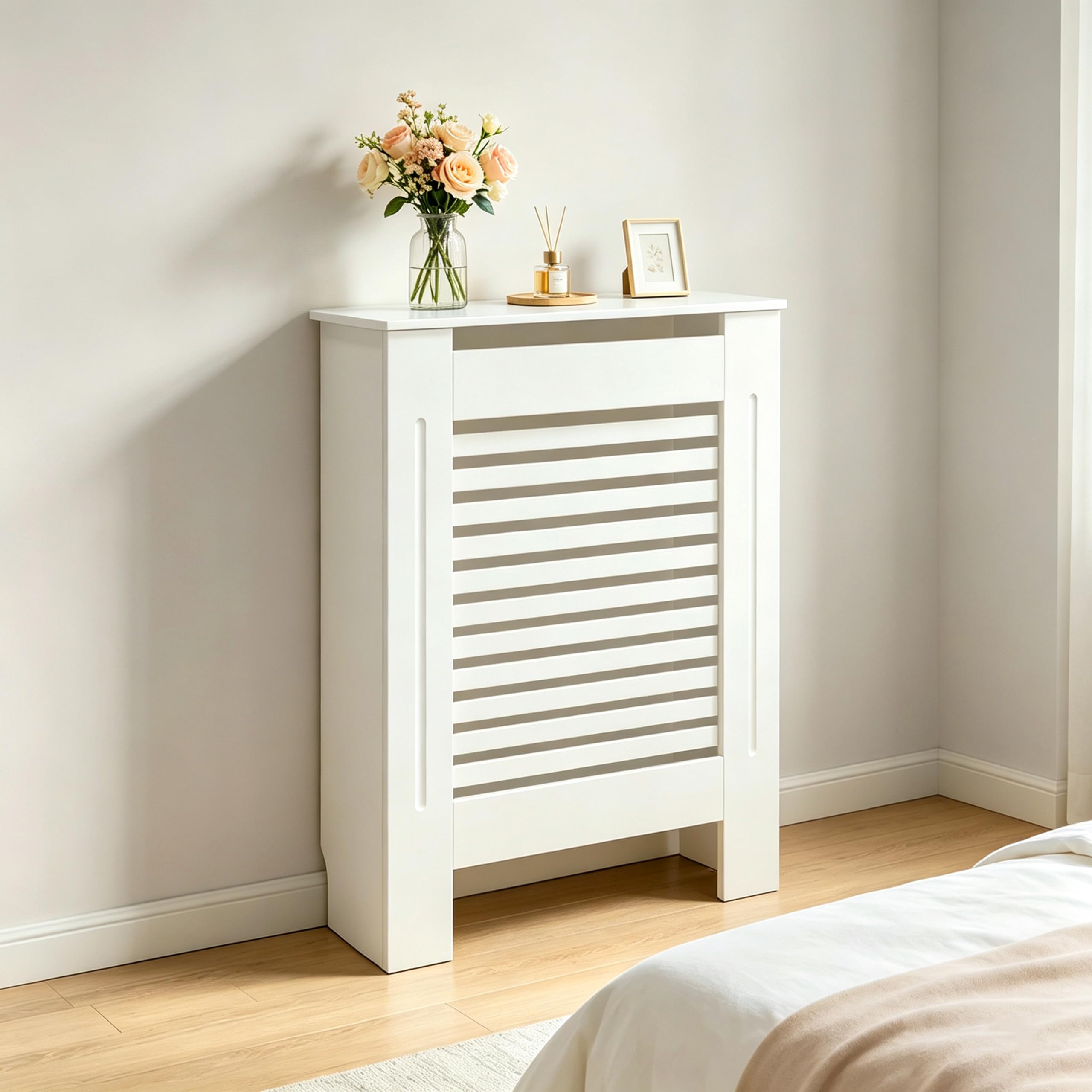 FATIVO Heizkörperverkleidung Hohe Heizkörperabdeckung Horizontal Holz 101×78×19 cm Weiß aus MDF lackiert Landhausstil Heizungsverkleidung Hoch für Schlafzimmer Wohnzimmer Büro Heizkörper Abdeckung