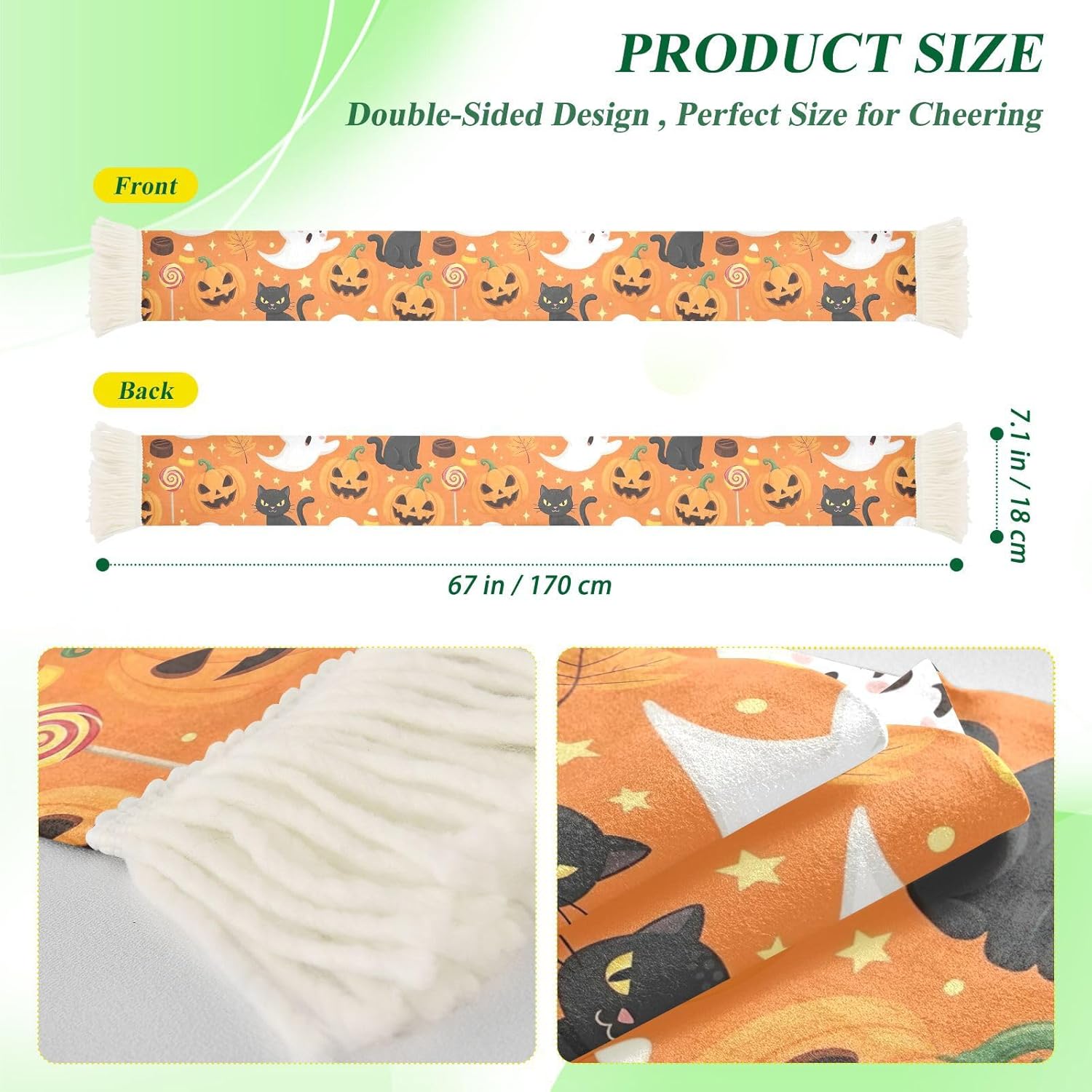 CHIFIGNO Cute Halloween Orange Sports Fan Scarf Towel, Soft Polyester Cheering Scarf for Soccer Games, Quick Dry Sweat Absorbent Rally Towel