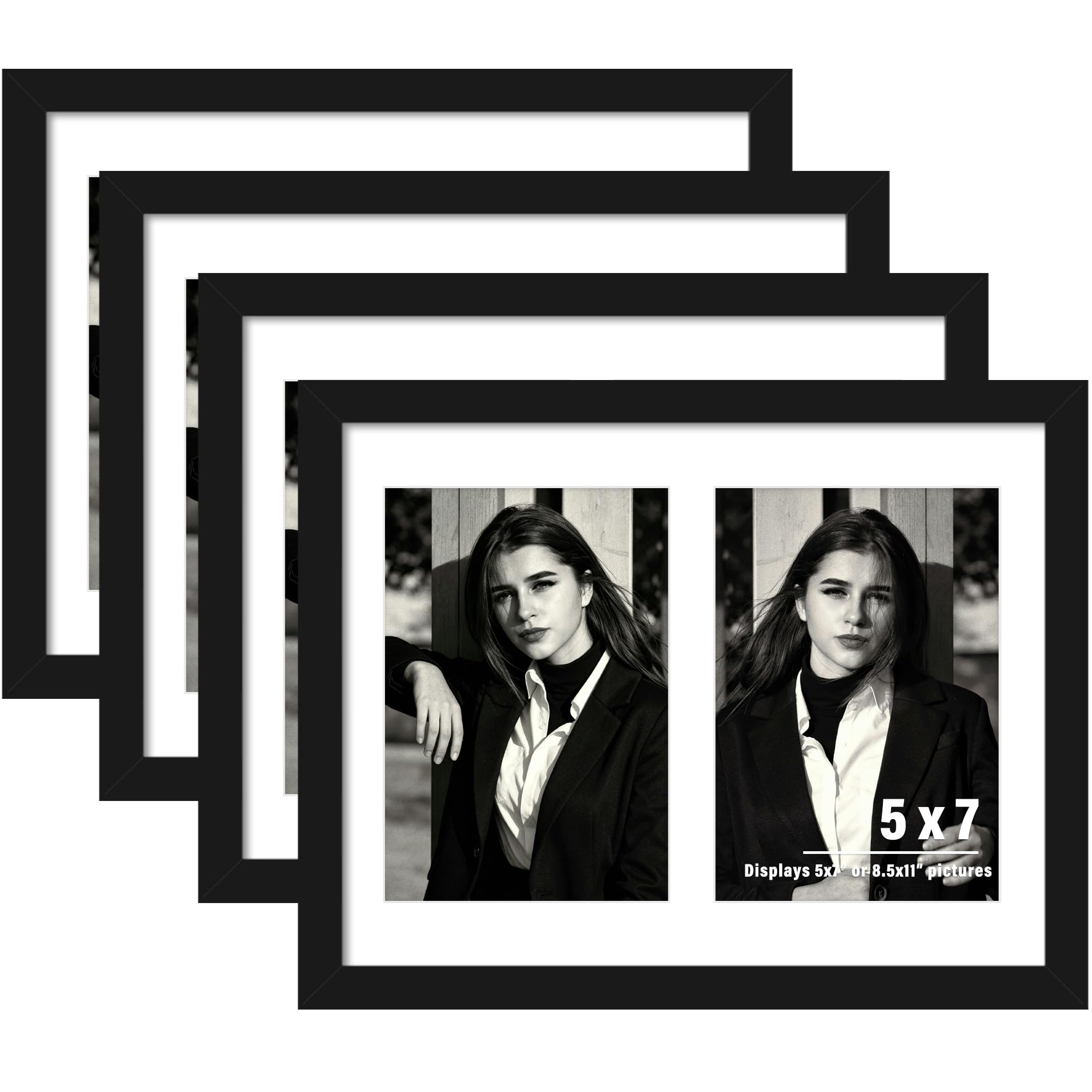 DUENPY 4-Pack 8.5x11 Collage Picture Frames, 5x7 Collage Picture Frame, Displays Two 5x7 inch Photos, or 8.5x11 (Without Mat) Wall Decor Wall Hanging or Tabletop, Black